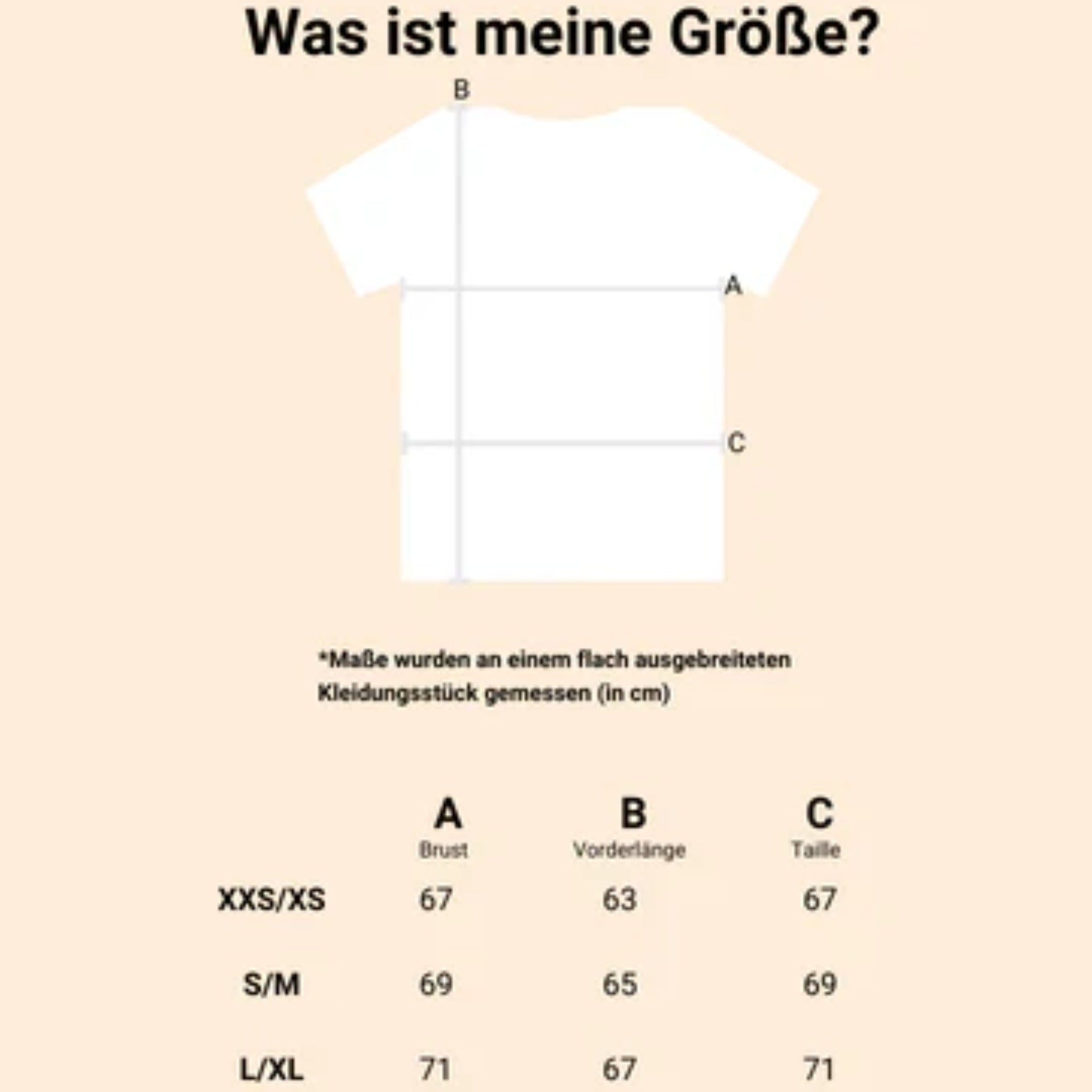 Größentabelle für Kleidungsstücke mit Maßen in cm für Brust, Vorderlänge und Taille in den Größen XXS/XS, S/M und L/XL.