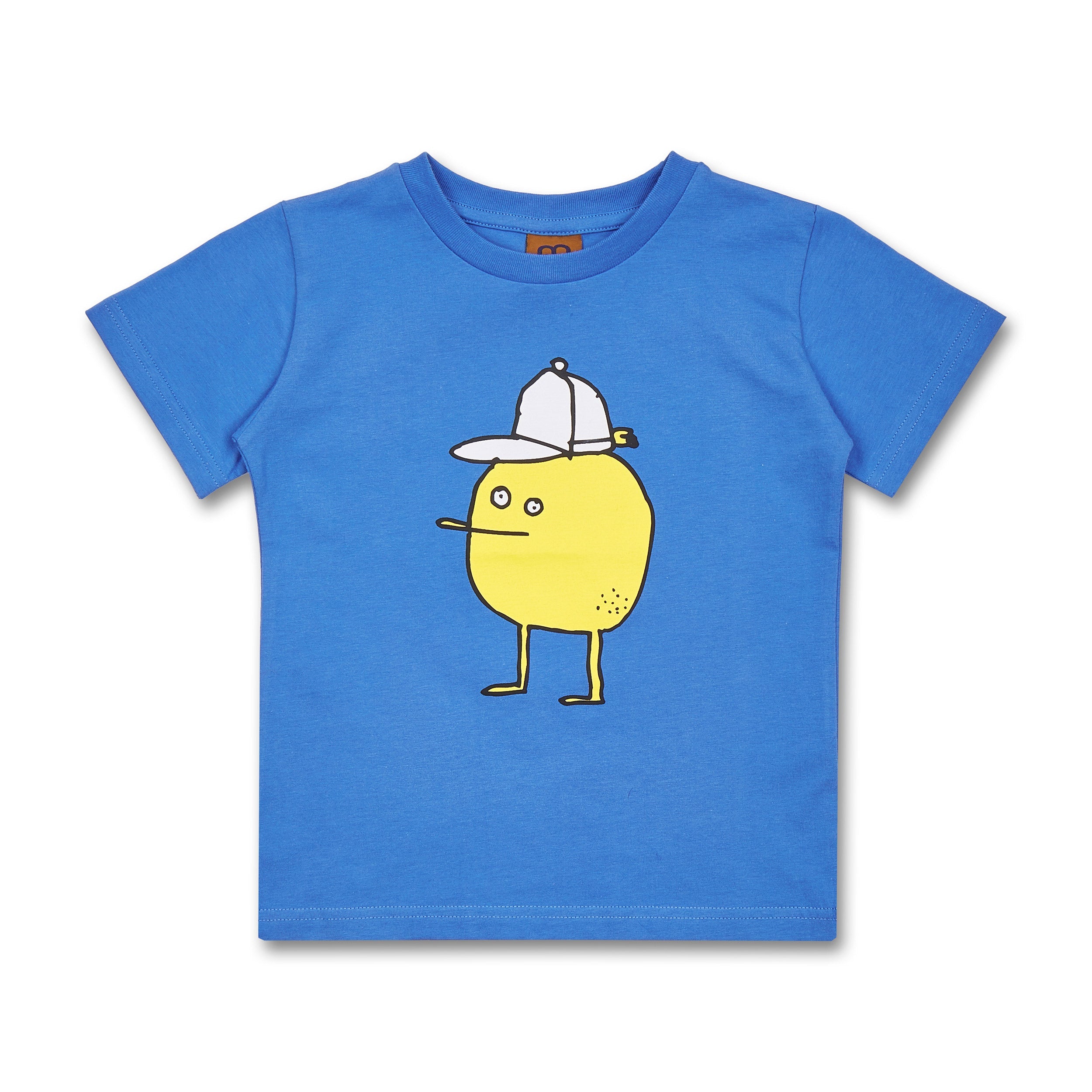 Blaues T-Shirt mit einem Cartoon-Charakter, der wie eine gelbe Kartoffel mit Basecap aussieht.