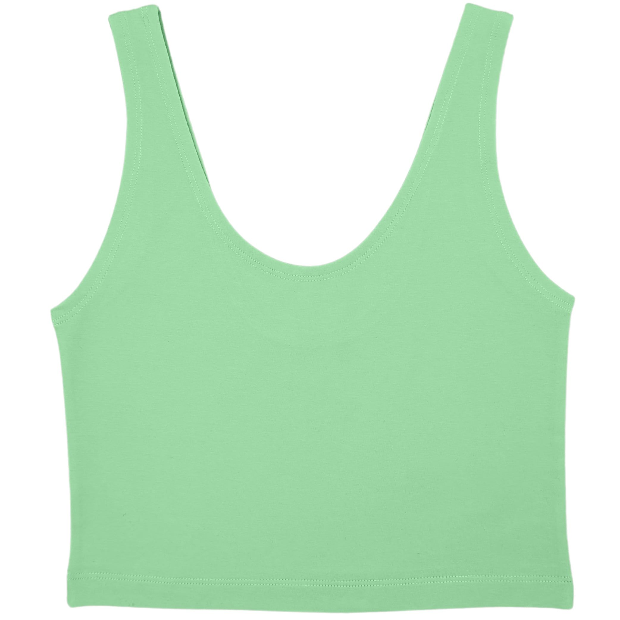 Hellgrünes, ärmelloses Crop-Top mit Rundhalsausschnitt vor weißem Hintergrund.