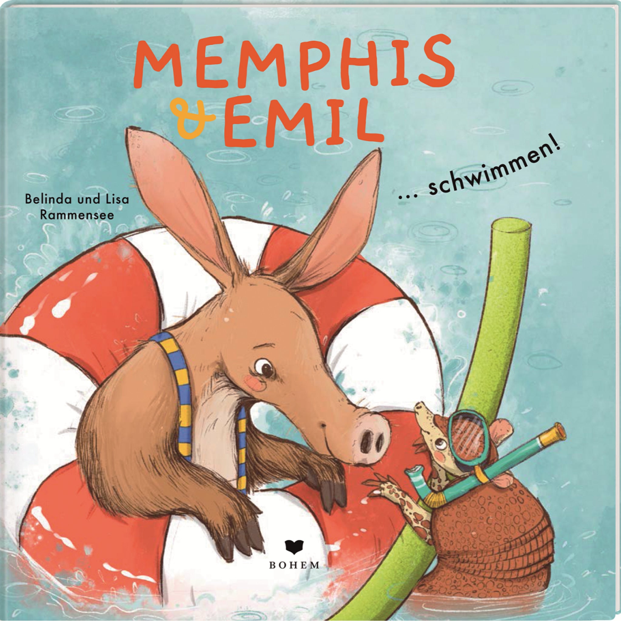 Illustration eines Erdferkels mit einem gestreiften Schal, das in einem Rettungsring sitzt, und eines Gürteltiers, das mit einer grünen Poolnudel schwimmt. Der Titel lautet "Memphis & Emil ... schwimmen!" von Belinda und Lisa Rammensee.