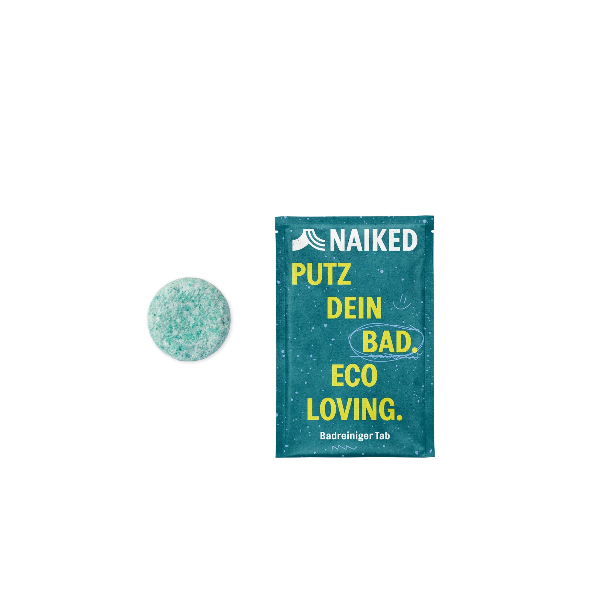 Blaue Tablette neben einer Verpackung mit dem Aufdruck "Putz dein Bad. Eco Loving." von Naiked.