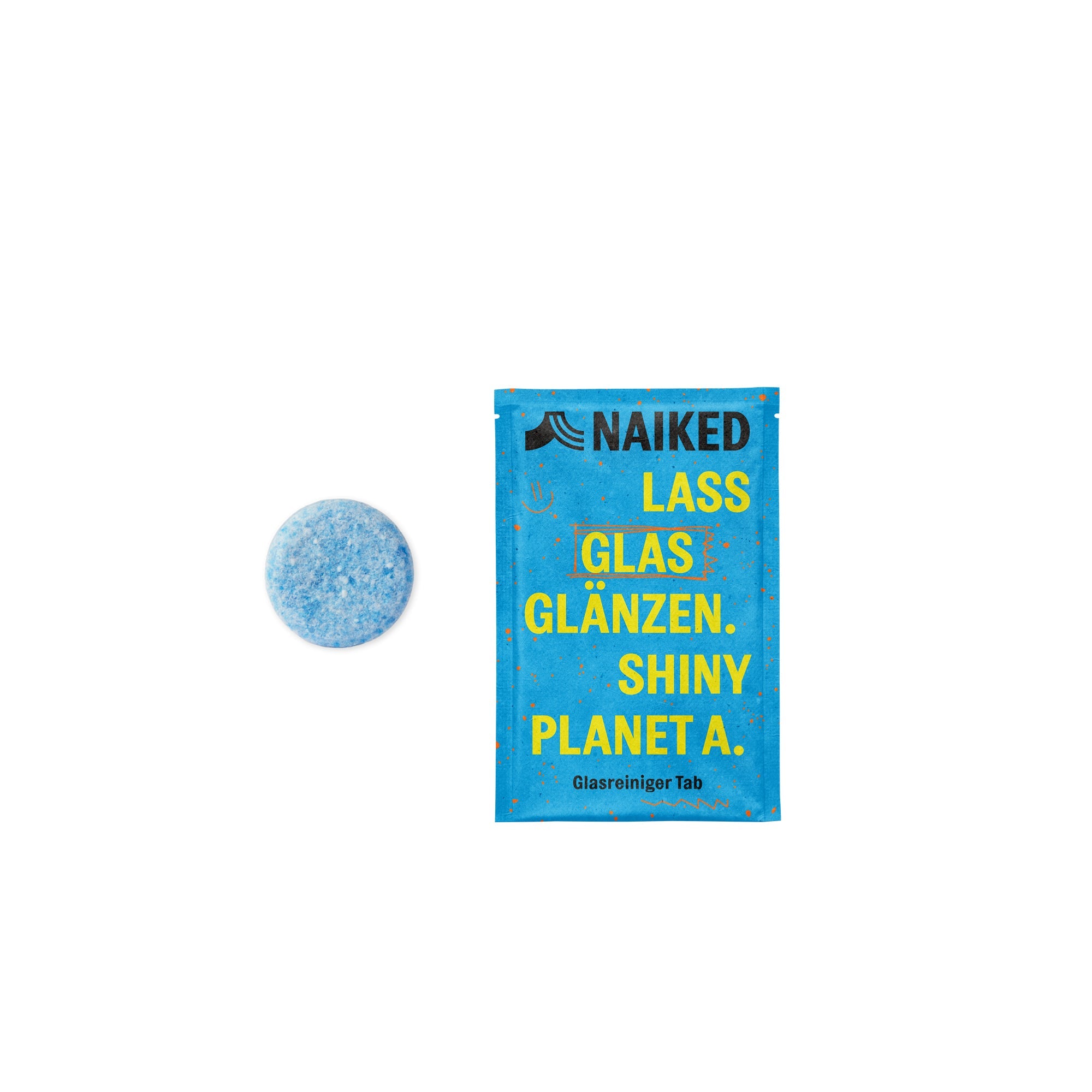 Blauer Glasreiniger-Tab und Verpackung mit der Aufschrift "NAIKED LASS GLAS GLÄNZEN. SHINY PLANET A.".
