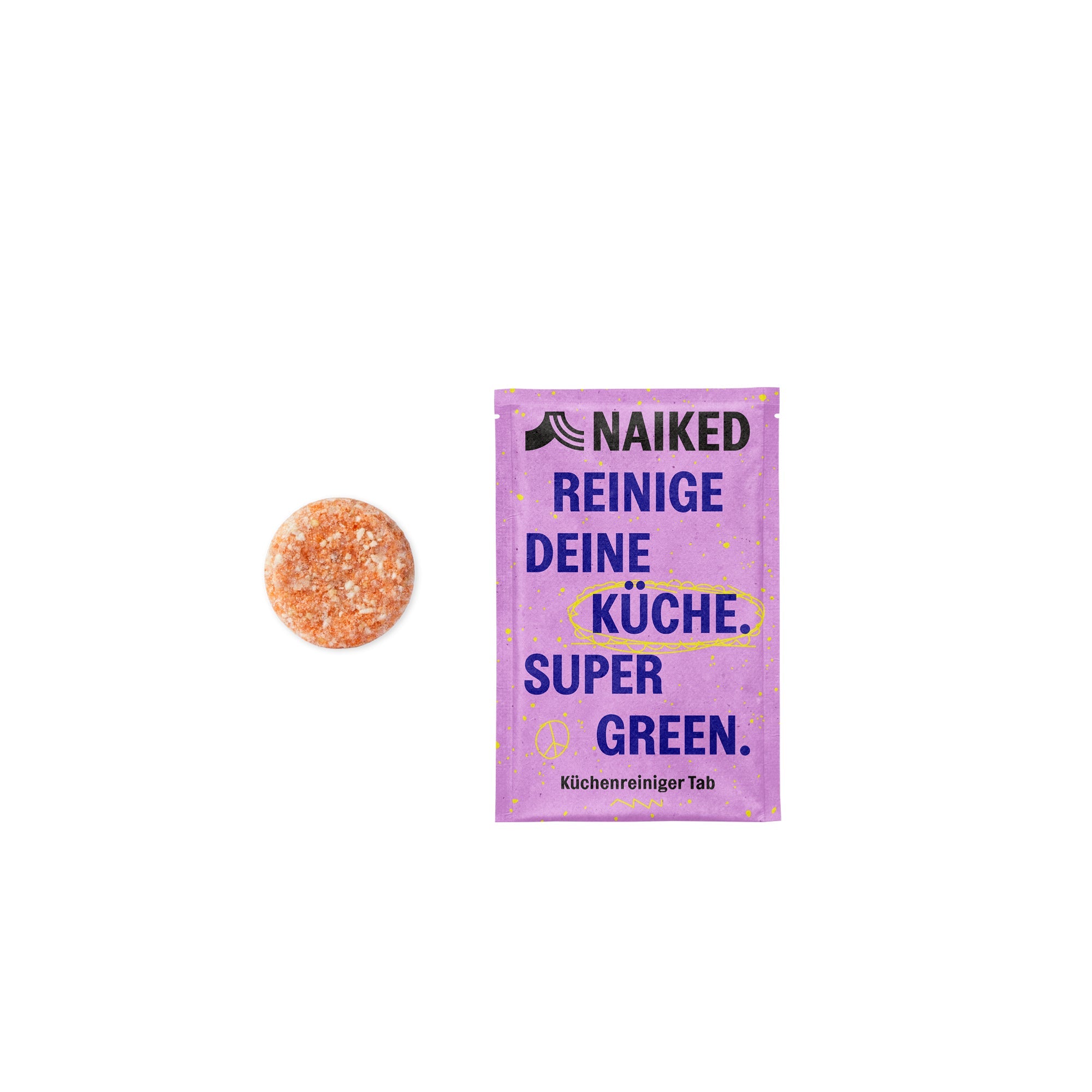 Runde Reinigungstablette neben einer lilafarbenen Verpackung mit der Aufschrift "Naiked Reinige deine Küche Super Green".