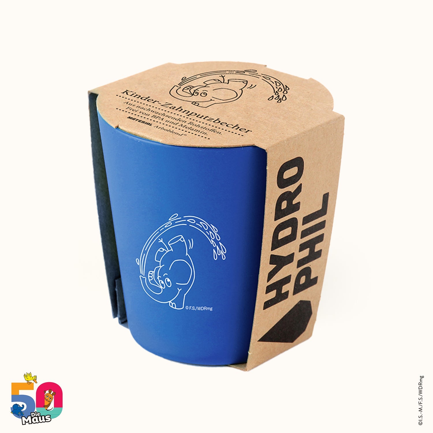Blauer Kinder-Zahnputzbecher mit Elefant-Motiv und Kartonverpackung von HYDROPHIL, 50 Jahre "Die Maus"-Logo unten links.