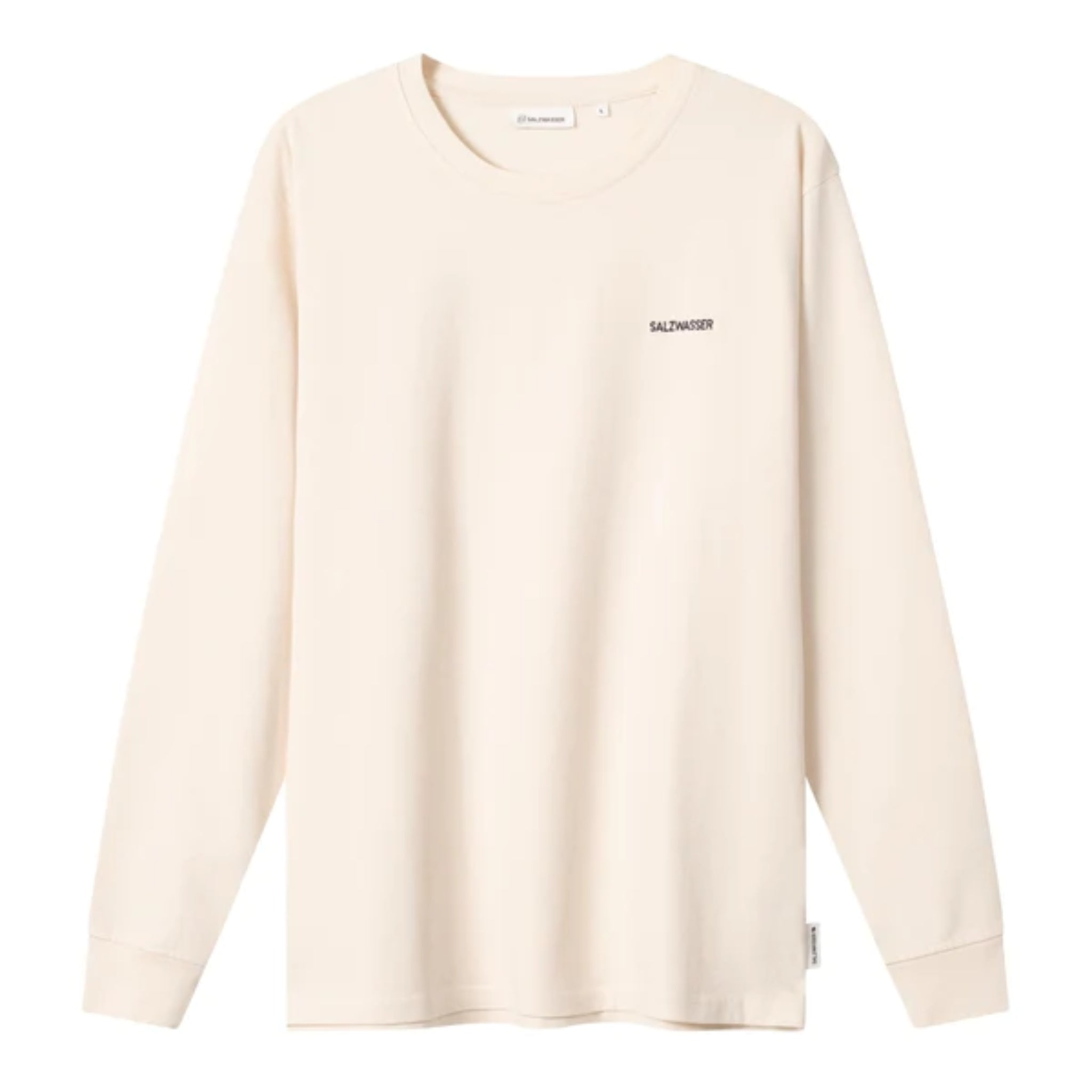 Beiges Langarmshirt mit Rundhalsausschnitt, mit Aufdruck "SALZWASSER" auf der linken Brustseite.
