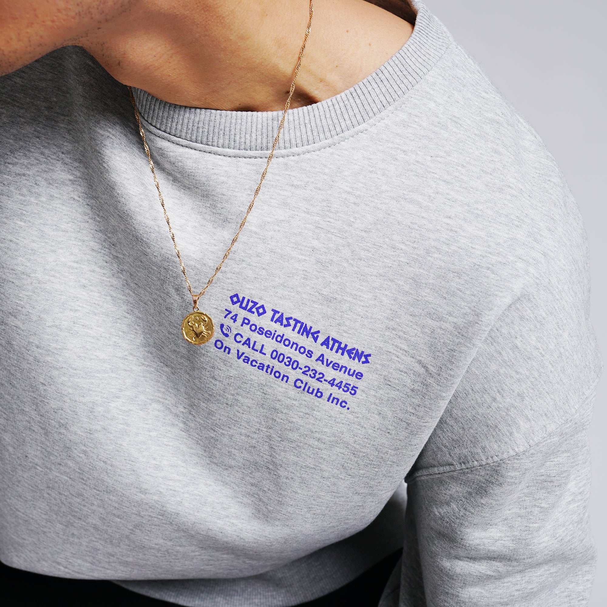 Person trägt ein graues Sweatshirt mit blauer Aufschrift und einer goldenen Halskette mit rundem Anhänger.