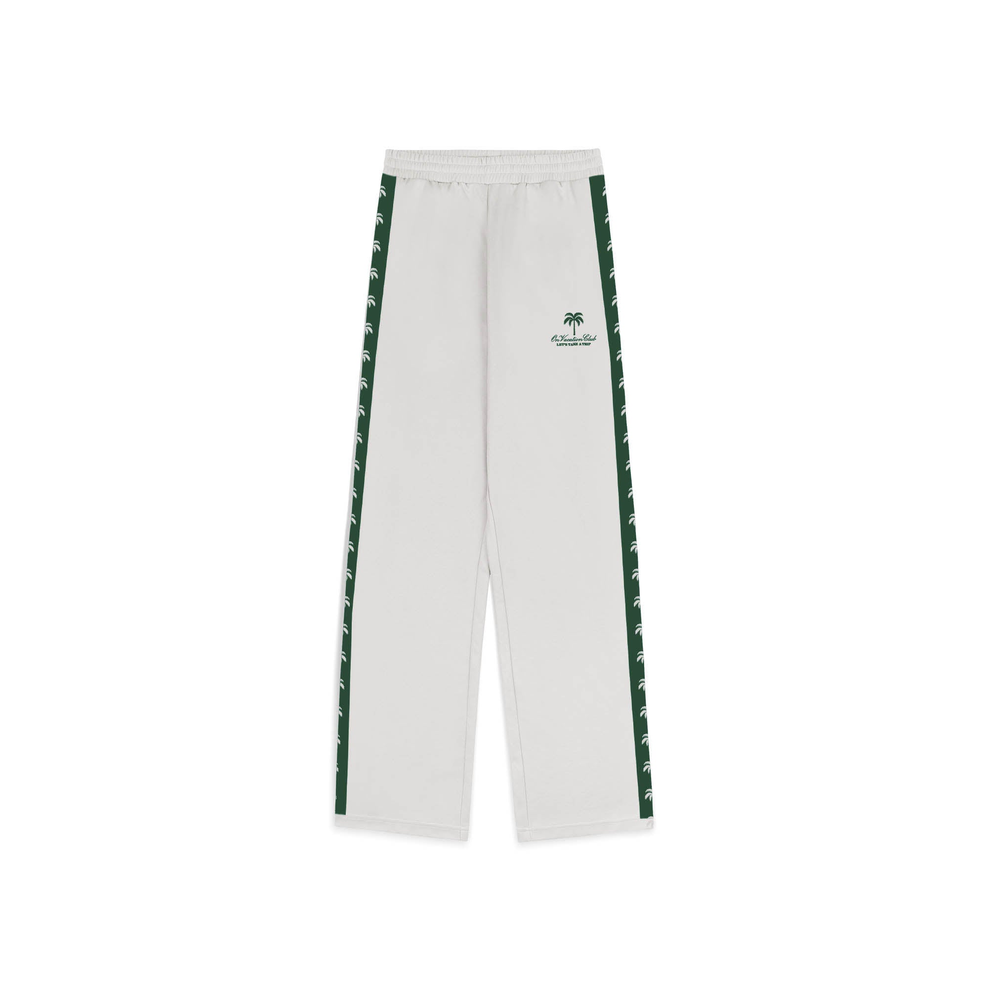 Weiße Trainingshose mit dunkelgrünen Seitenstreifen, auf denen kleine weiße Palmenmotive abgebildet sind. Auf dem linken Oberschenkel befindet sich eine grüne Palmengrafik und ein Text. Die Hose hat einen elastischen Bund und eine lockere Passform.