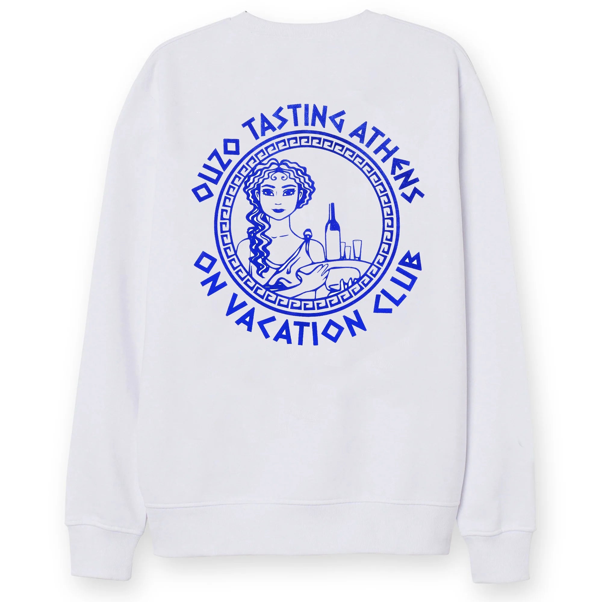 Weißes Sweatshirt mit blauem Aufdruck einer griechischen Figur und dem Text "Ouzo Tasting Athens On Vacation Club".