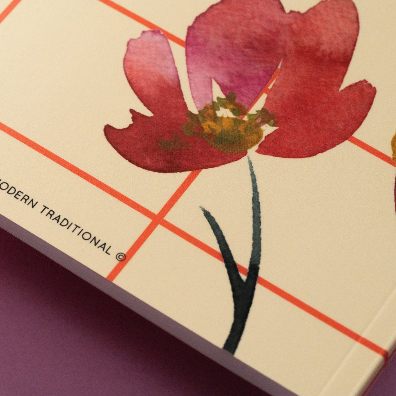 Nahaufnahme eines Bucheinbands mit einem floralen Aquarellmuster und roten Gitterlinien. Der Text THE MODERN TRADITIONAL © ist in der Nähe des unteren Randes auf einem zartrosa Hintergrund gedruckt.