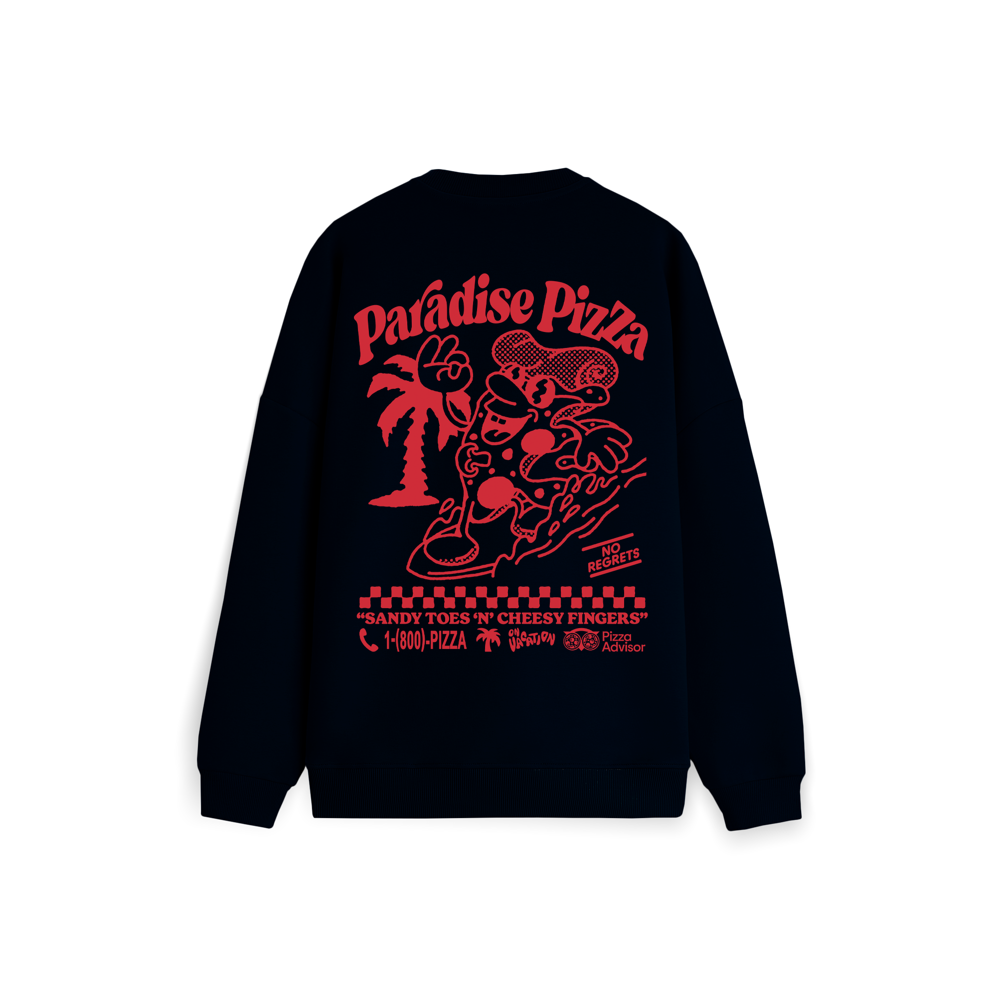 Schwarzes Sweatshirt mit einer großen, auffälligen roten Grafik auf dem Rücken. Das Design zeigt eine Cartoon-Pizza-Scheibe, die in der Nähe einer Palme surft, mit dem Text Paradise Pizza und spielerischen Slogans und Telefonnummer darunter.