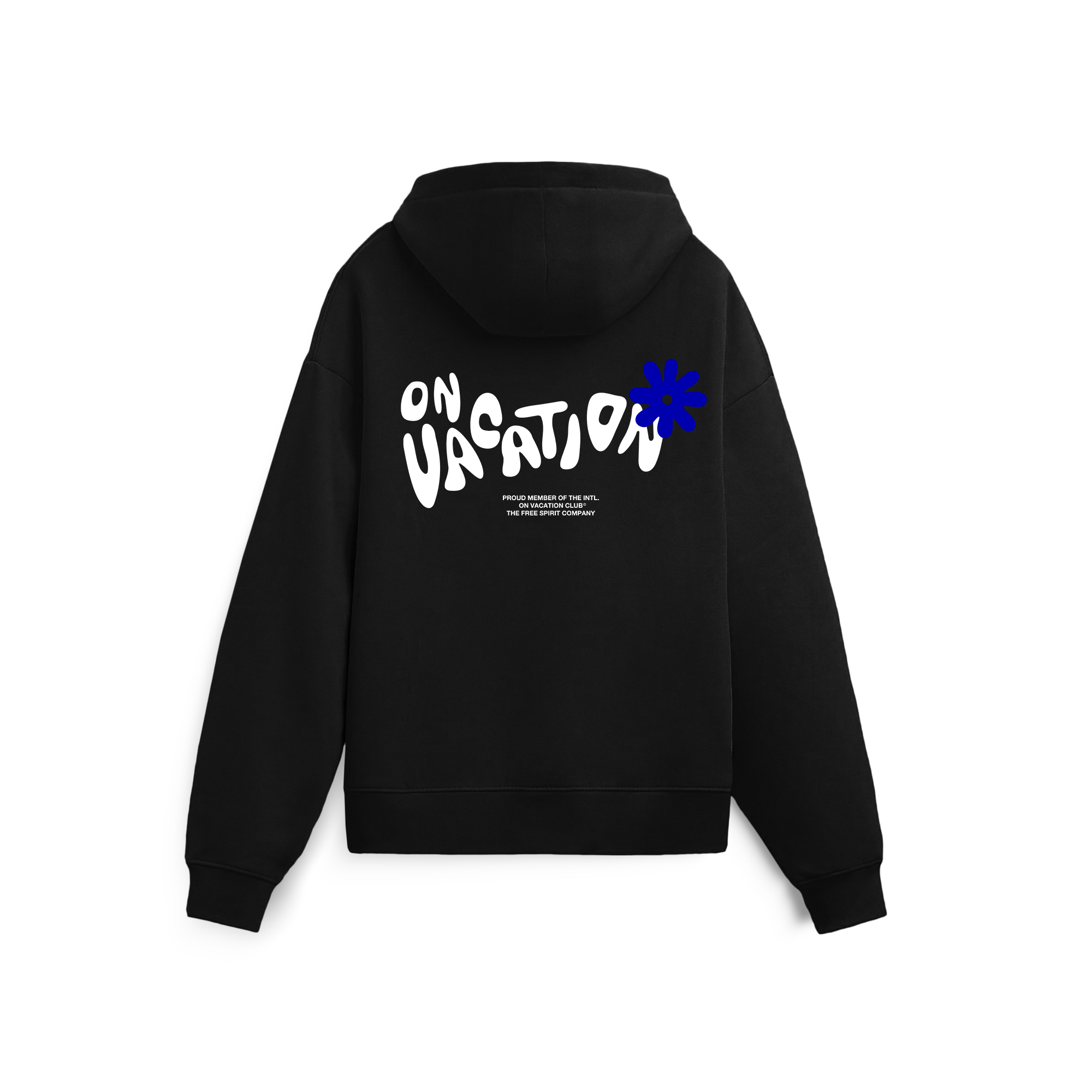 Ein schwarzer Kapuzenpulli mit dem Schriftzug ON VACATION in großer, gewellter weißer Schrift und einer blauen Blumengrafik auf dem Rücken, mit kleinerer weißer Schrift unter dem Hauptmotiv.