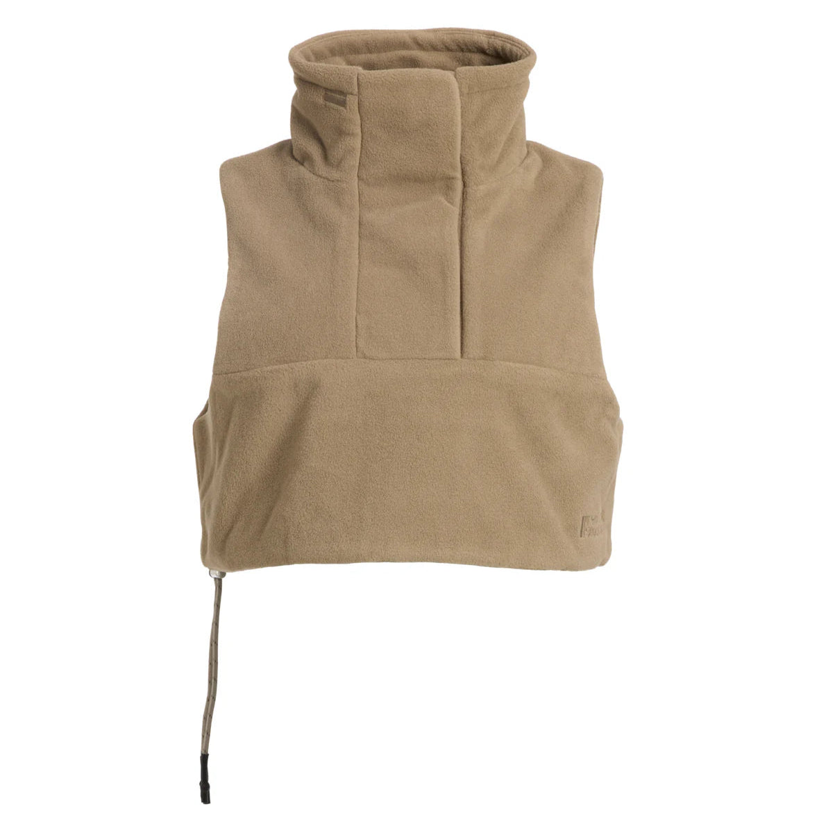 Ein hellbrauner Fleece-Halswärmer oder Schulterumhang mit hohem Kragen und verstellbarem Kordelzug am Saum, abgebildet auf weißem Hintergrund.