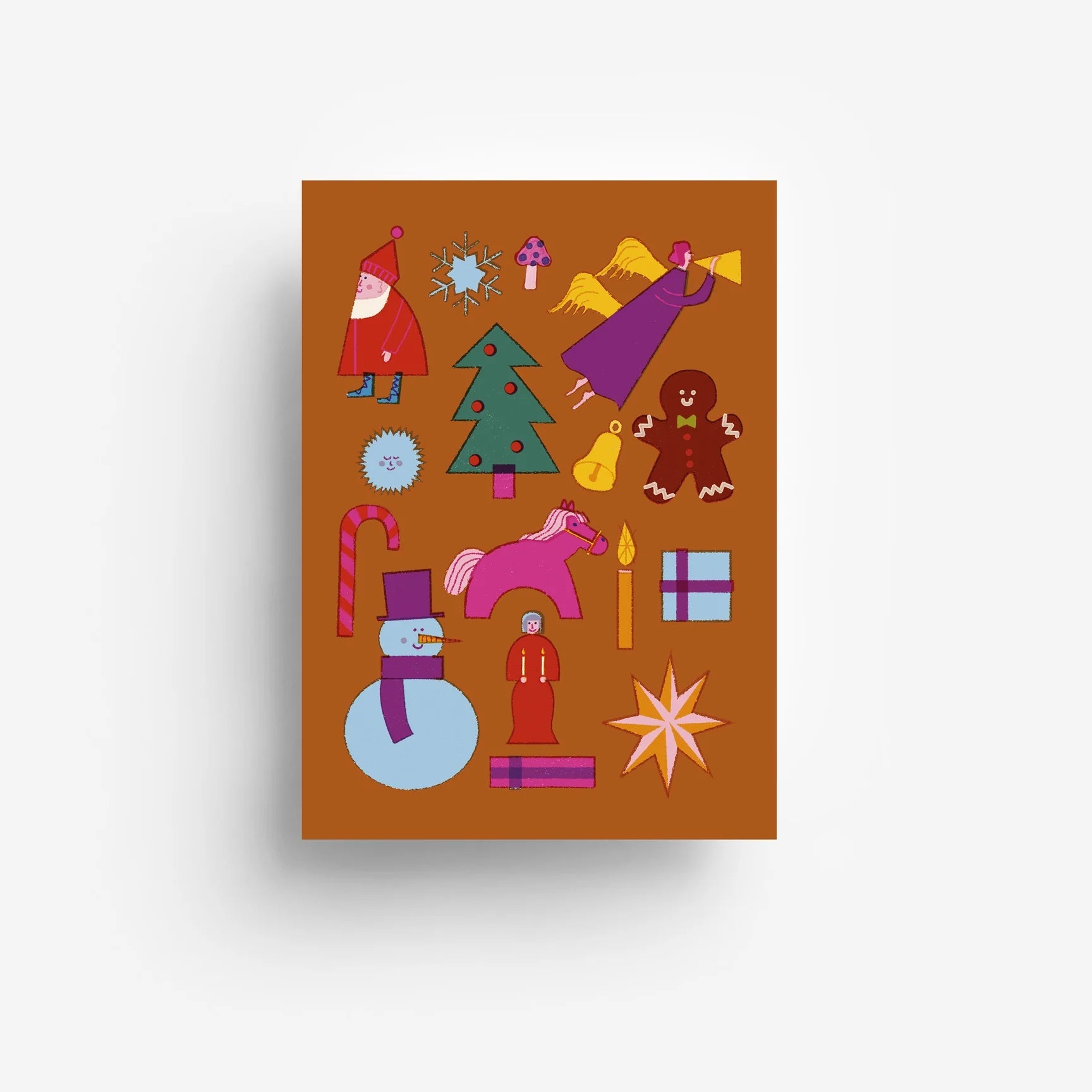 Eine braune Karte mit farbenfrohen Weihnachtsillustrationen, darunter der Weihnachtsmann, ein Engel, ein Weihnachtsbaum, eine Lebkuchenfigur, eine Zuckerstange, ein Schneemann, ein Geschenk, ein Pferd, Kerzen, Ornamente und ein Stern.
