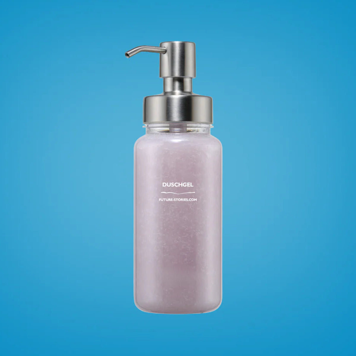 Eine transparente, mit hellviolettem Gel gefüllte Pumpflasche mit der Aufschrift Duschgel steht mittig auf einem blauen Hintergrund mit Farbverlauf.