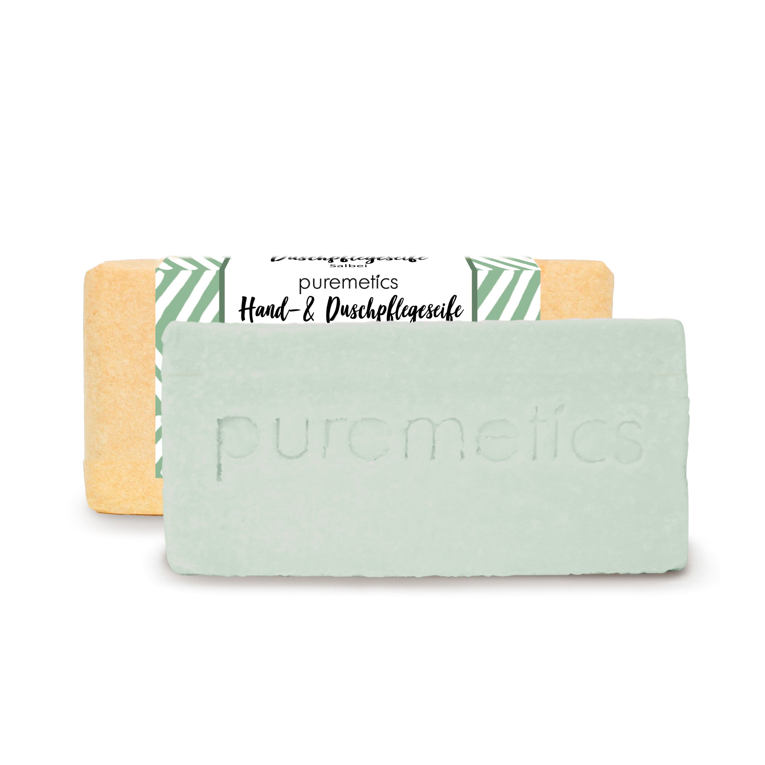 Zwei Seifenstücke, eines beige mit Etikett und grünen Streifen, das andere mintgrün mit eingeprägtem "puremetics"-Schriftzug.