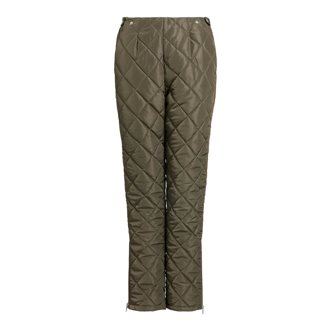 Olivgrüne Stepphose mit Rautenmuster, hoher Taille, seitlichen Knöpfen und geradem Bein mit Reißverschlüssen an den Knöcheln.