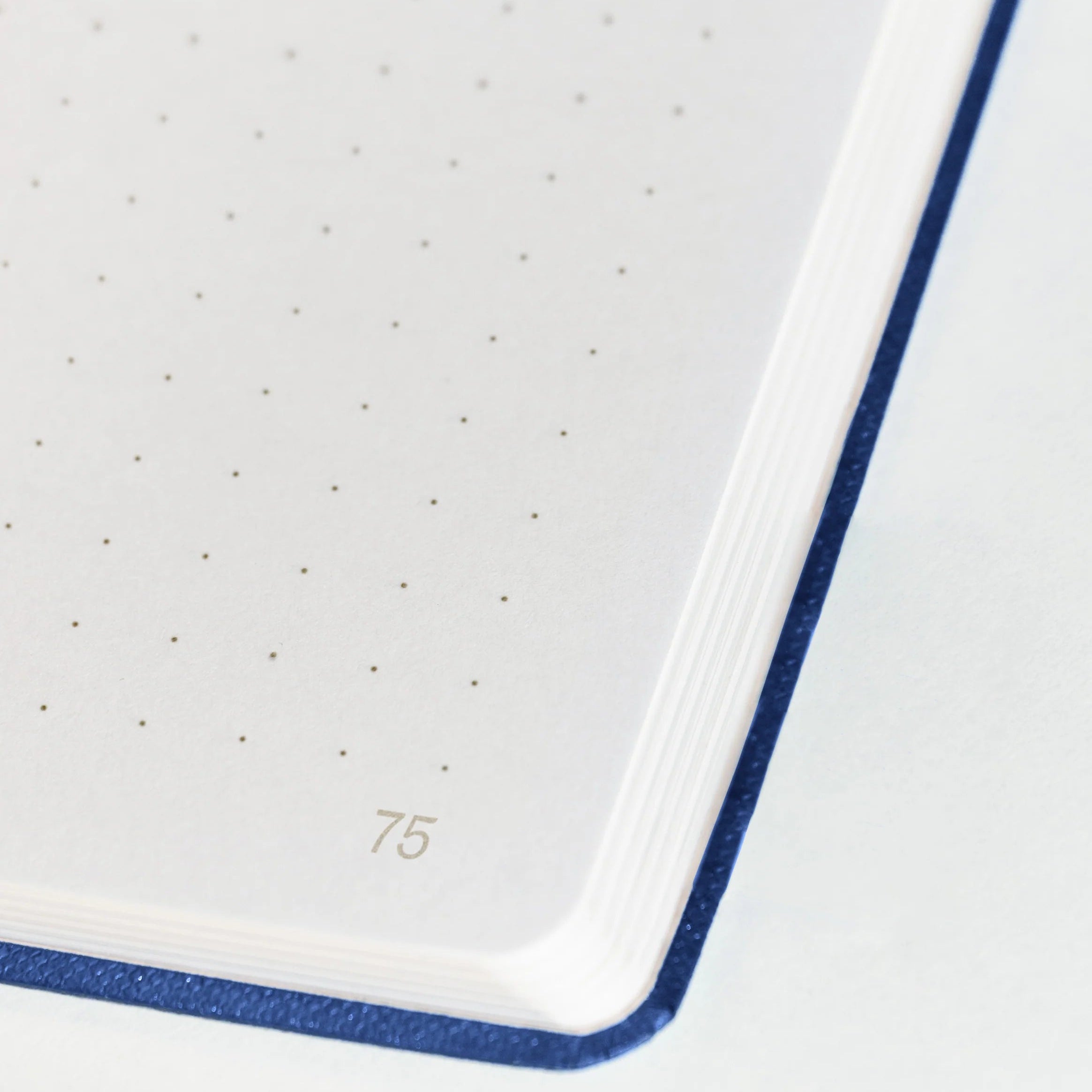 Nahaufnahme der Ecke einer gepunkteten Notizbuchseite mit der Nummer 75 am unteren Rand, die einen blauen Einbandrand zeigt.