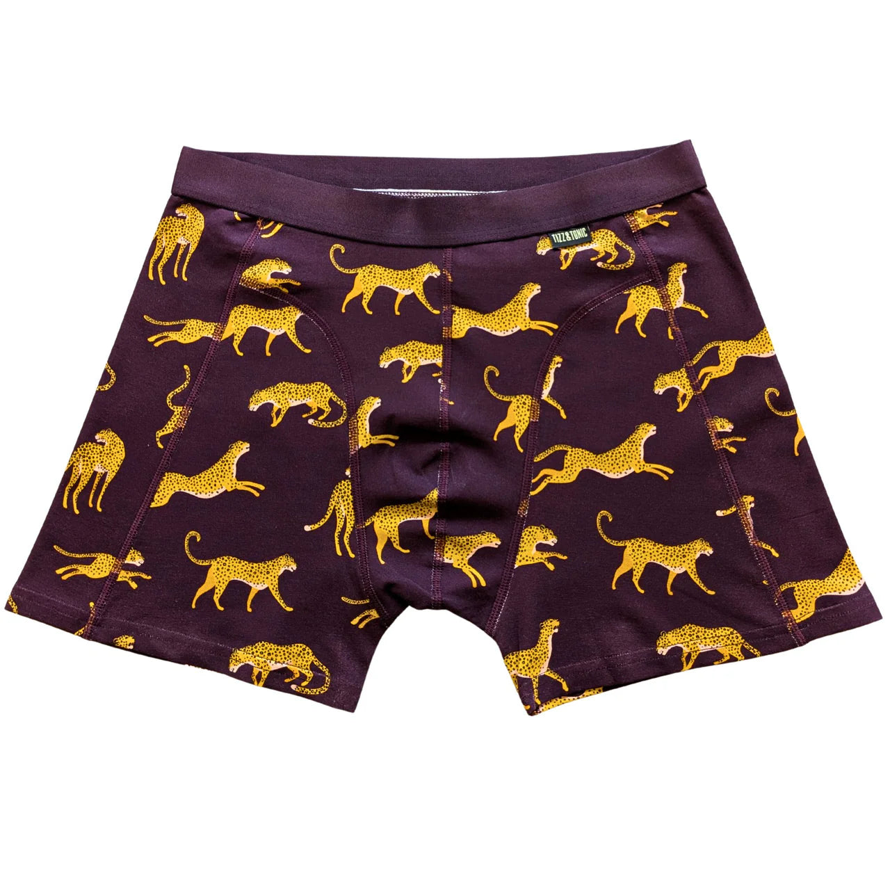 Kastanienbraune Boxershorts mit einem sich wiederholenden Muster aus gelben Geparden in verschiedenen Posen.