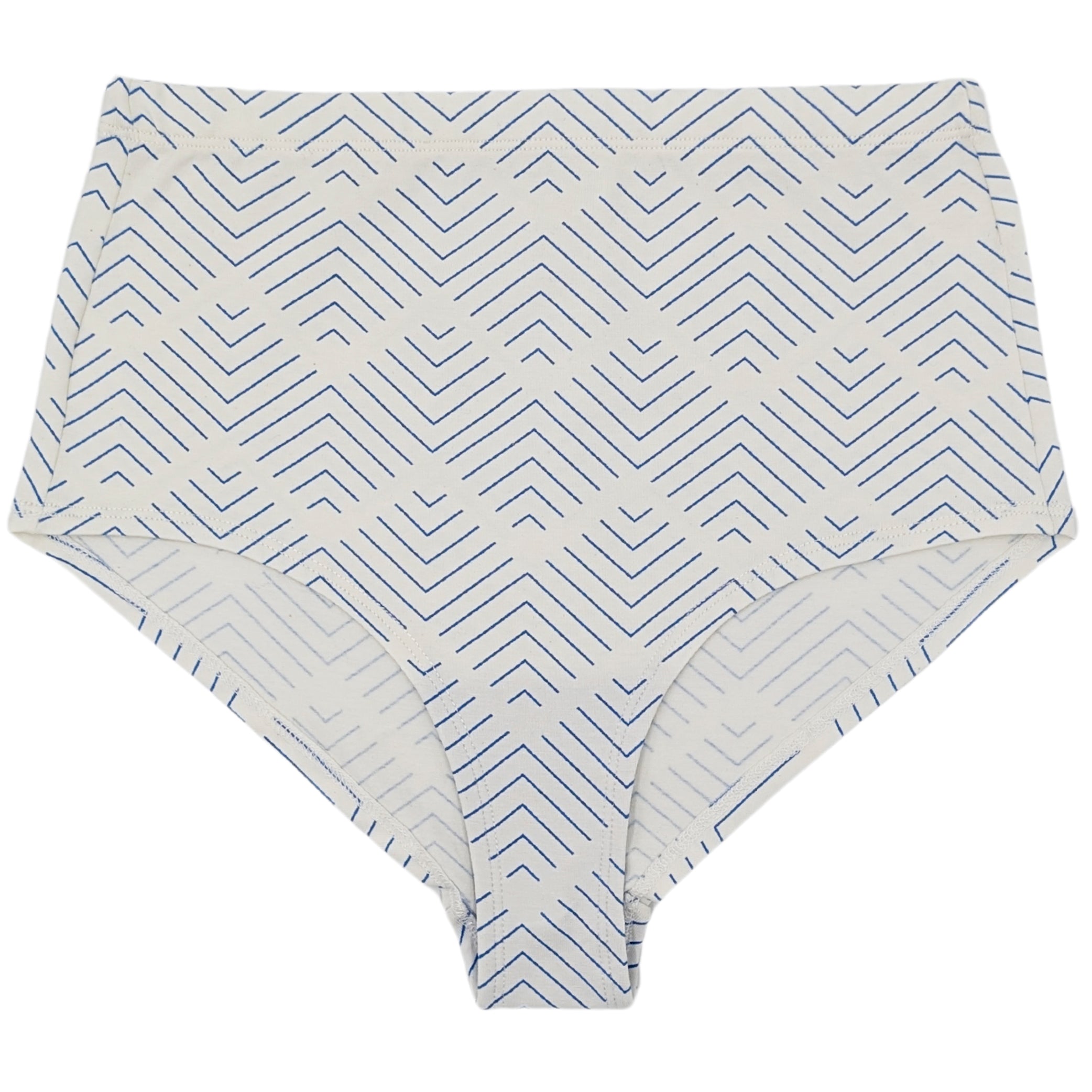 Hochtaillierte Damenunterwäsche mit weißem Grundton und einem sich wiederholenden blauen geometrischen Chevron-Muster.