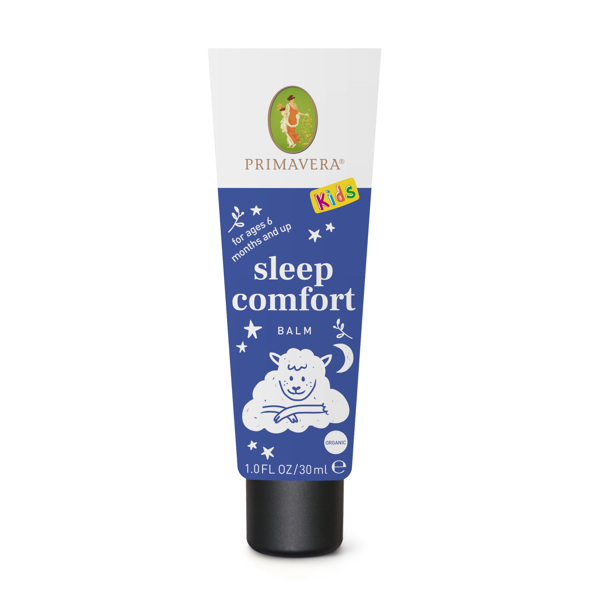 Eine Tube Primavera Kids Sleep Comfort Balm, 30 ml (1,0 fl oz). Auf der Tube sind ein Mond und ein schlafendes Schaf auf blauem Hintergrund abgebildet und es wird angegeben, dass es für Kinder ab 6 Monaten geeignet ist.