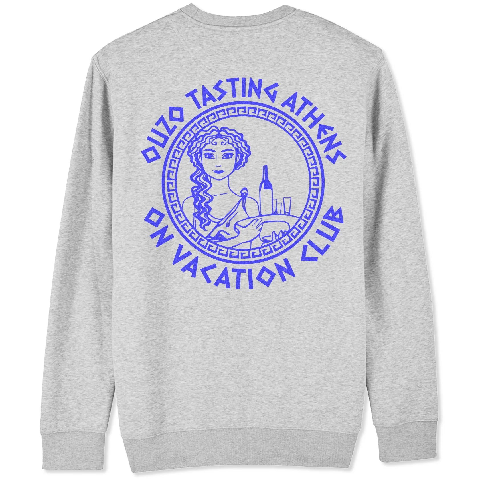 Graues Sweatshirt mit einem blauen Druck einer Frau mit Getränken und dem Text "Ouzo Tasting Athens On Vacation Club".