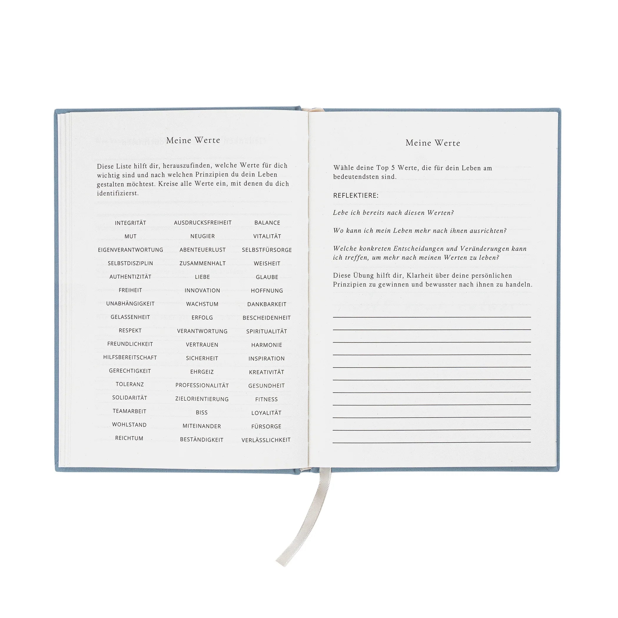 Ein aufgeschlagenes Notizbuch zeigt zwei Seiten in deutscher Sprache. Auf der linken Seite sind die persönlichen Werte in Spalten aufgelistet; auf der rechten Seite gibt es Platz, um über wichtige Werte zu schreiben, mit gedruckten Aufforderungen und Zeilen für Antworten.