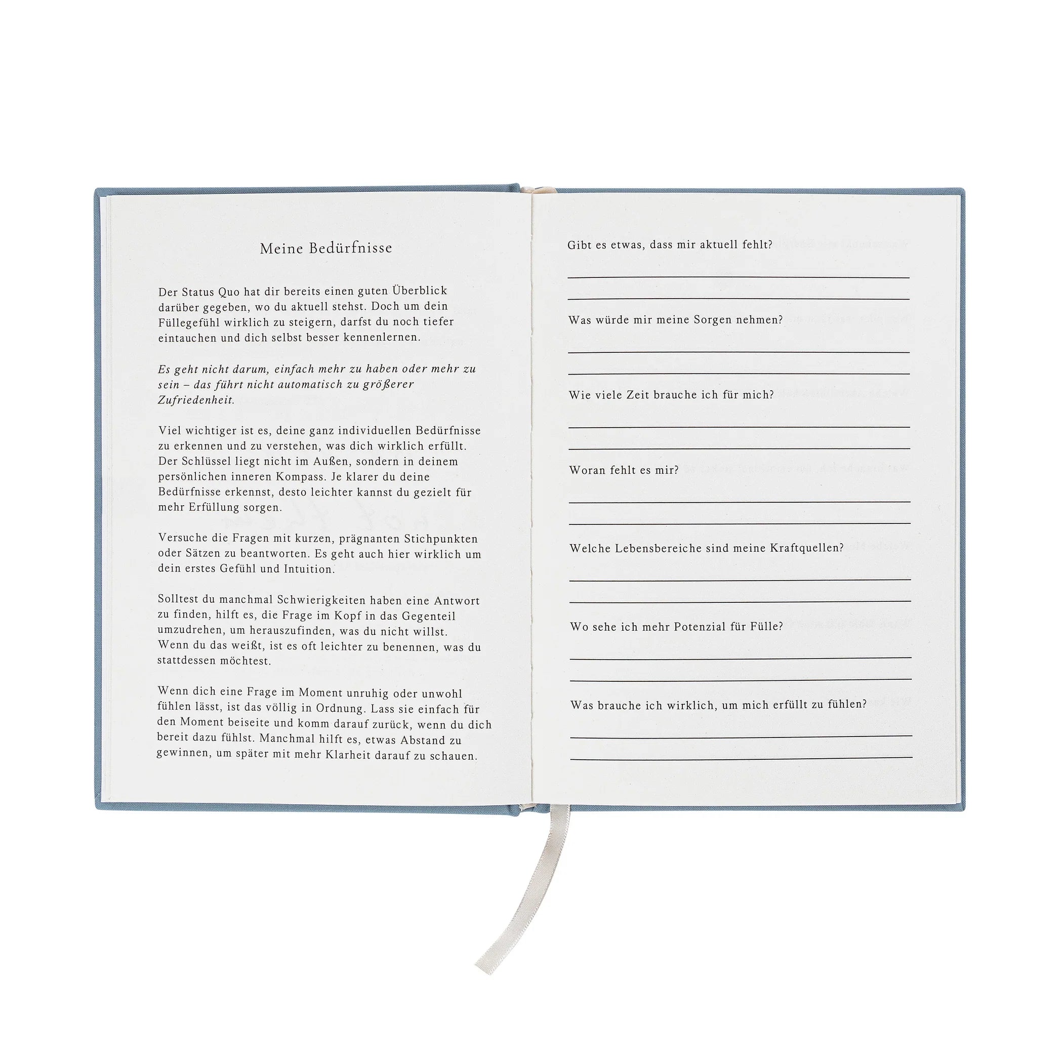 Ein aufgeschlagenes Tagebuch mit deutschem Text; die linke Seite ist mit Meine Bedürfnisse betitelt und beschreibt persönliche Bedürfnisse, während auf der rechten Seite Fragen zum Wohlbefinden und zur Erfüllung aufgelistet sind, mit Leerzeilen zum Eintragen der Antworten.