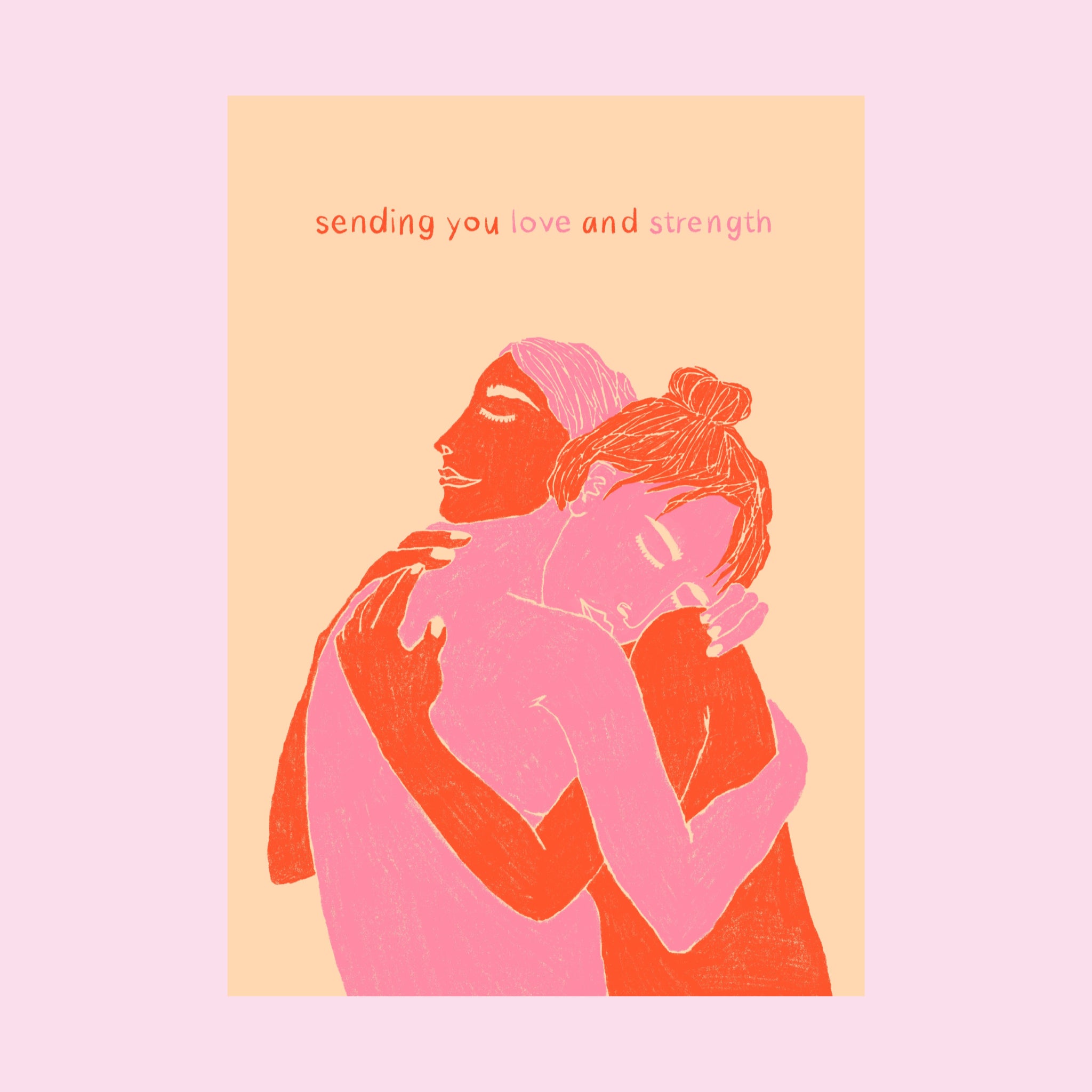 Zwei Menschen umarmen sich eng, illustriert in Rosa- und Rottönen auf einem pfirsichfarbenen Hintergrund. Der Text über ihnen lautet: "Ich sende dir Liebe und Kraft".