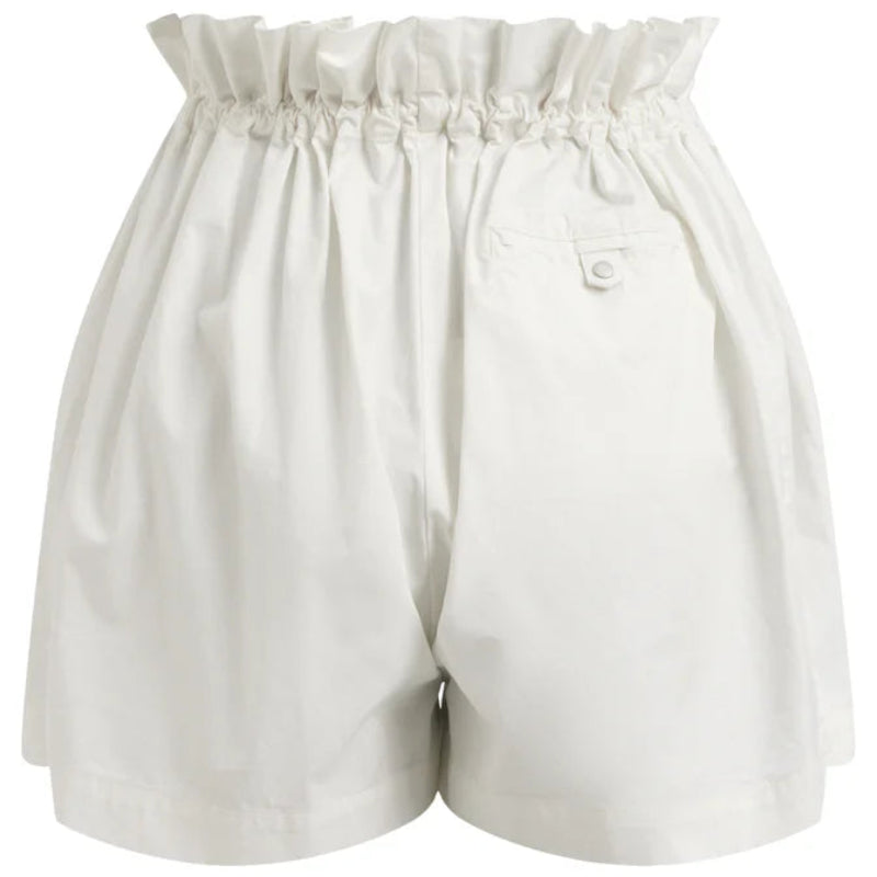 Weiße Shorts mit hoher Taille, gerafftem, elastischem Bund, geknöpfter Fronttasche und weitem, lockerem Bein.