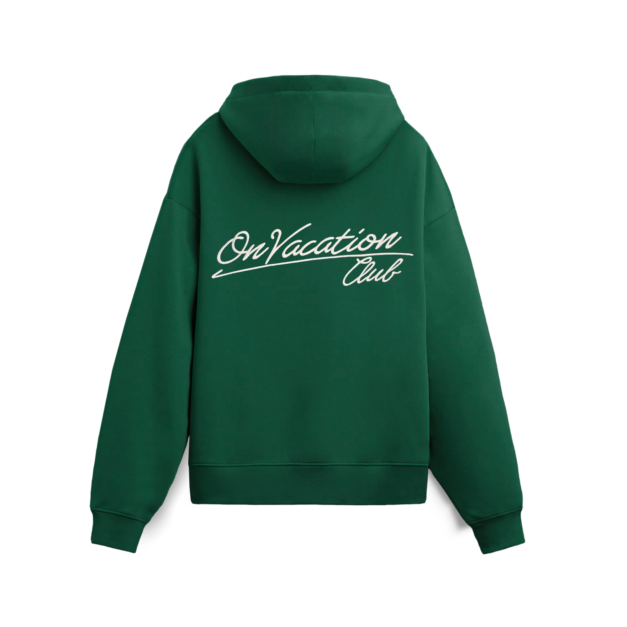 Ein grünes Kapuzensweatshirt mit dem Schriftzug On Vacation Club in weißer Schreibschrift auf dem Rücken. Der Kapuzenpullover hat lange Ärmel und eine lockere Passform.