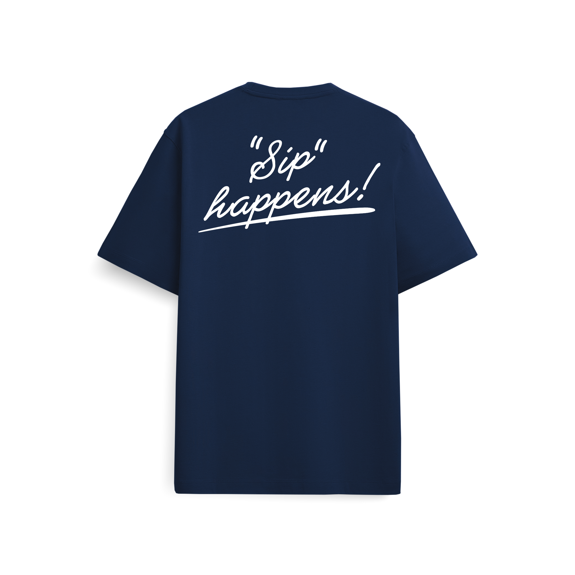 Marineblaues T-Shirt mit dem Schriftzug Sip happens! in großer weißer Schrift auf dem Rücken.