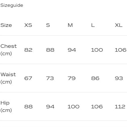 Größentabelle mit Maßen für Brust, Taille und Hüfte in cm für Größen XS bis XL.