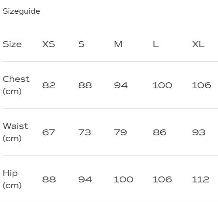 Größentabelle mit Maßen für Brust, Taille und Hüfte in cm für Größen XS bis XL.