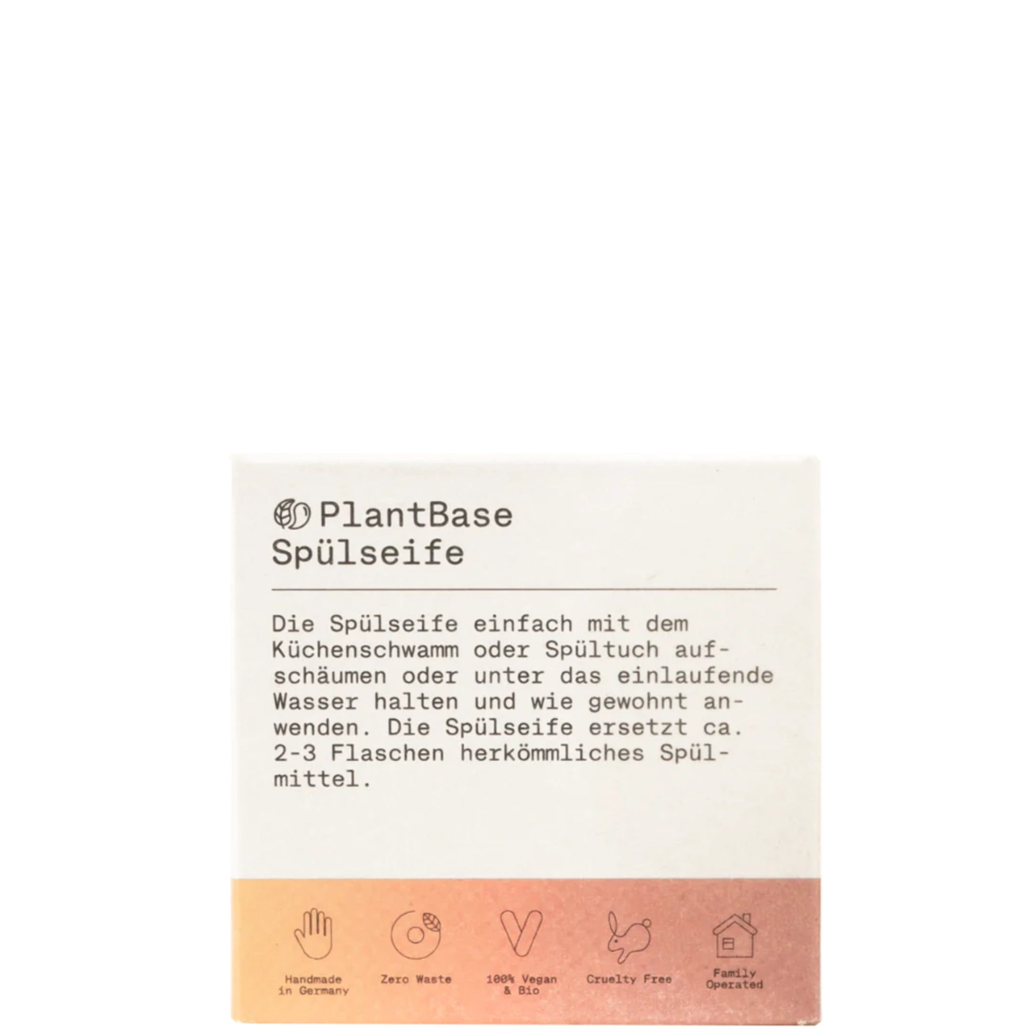 Verpackung einer PlantBase Spülseife mit Text und Symbolen für Nachhaltigkeit und Veganismus.