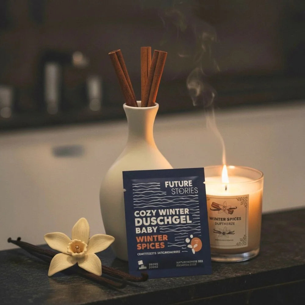 Eine blaue Packung mit der Aufschrift Cozy Winter Duschgel Baby Winter Spices steht auf einer dunklen Fläche neben einer brennenden Kerze, einer weißen Vase mit Zimtstangen, einer Vanilleblüte und zwei Vanilleschoten. Der Hintergrund ist sanft verschwommen.