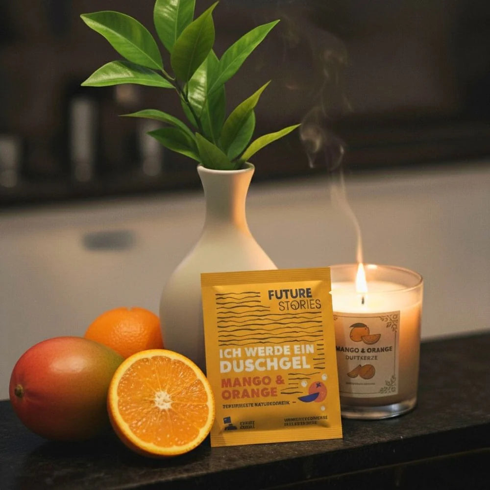 Eine weiße Vase mit grünen Blättern, eine brennende Mango- und Orangen-Duftkerze, eine ganze Mango, eine ganze Orange, eine in Scheiben geschnittene Orange und eine Packung Future Stories Mango & Orange Duschgel stehen auf einer dunklen Fläche.