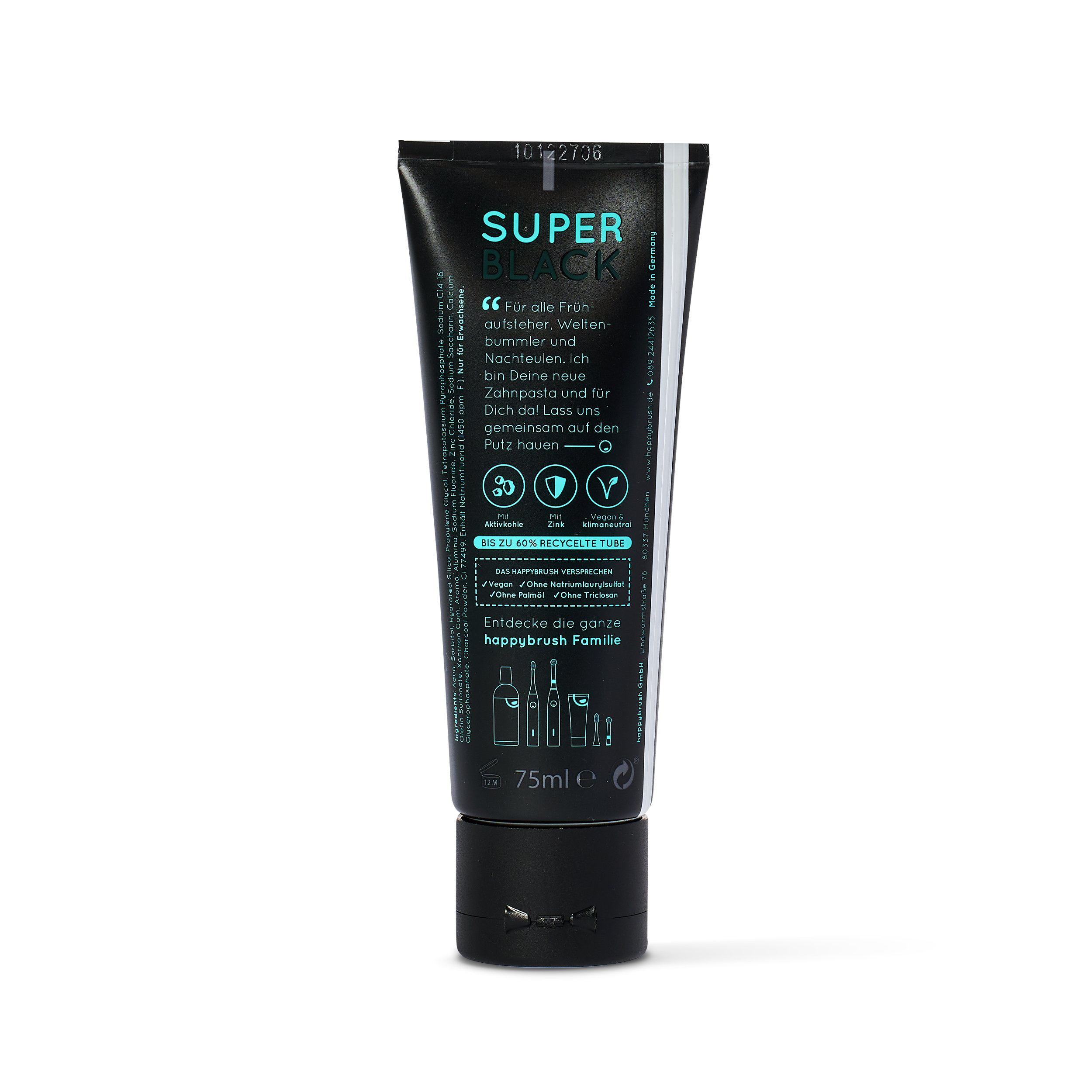 Schwarze Zahnpastatube mit der Aufschrift "Super Black", vegan und umweltfreundlich, 75 ml, recycelte Tube.