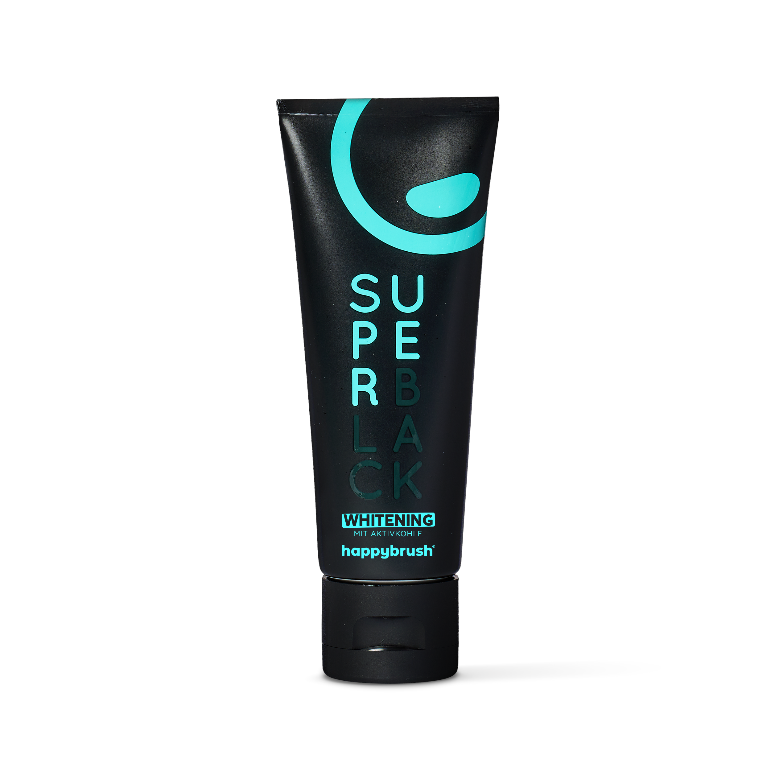 Schwarze Zahnpastatube von Happybrush mit türkisfarbener Aufschrift "Superblack Whitening mit Aktivkohle".