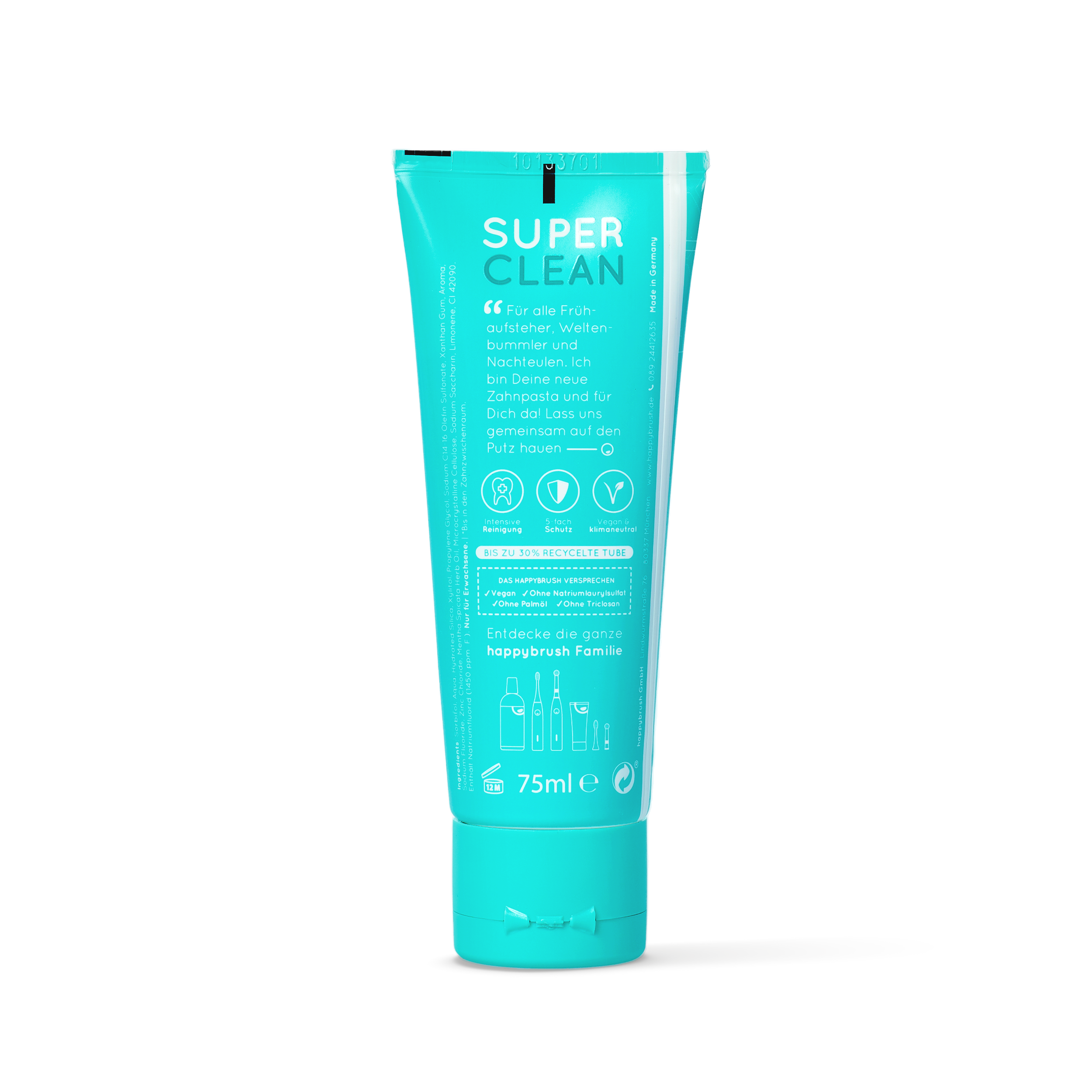 Eine türkisfarbene Zahnpastatube mit der Aufschrift "Super Clean" und einem Volumen von 75 ml.