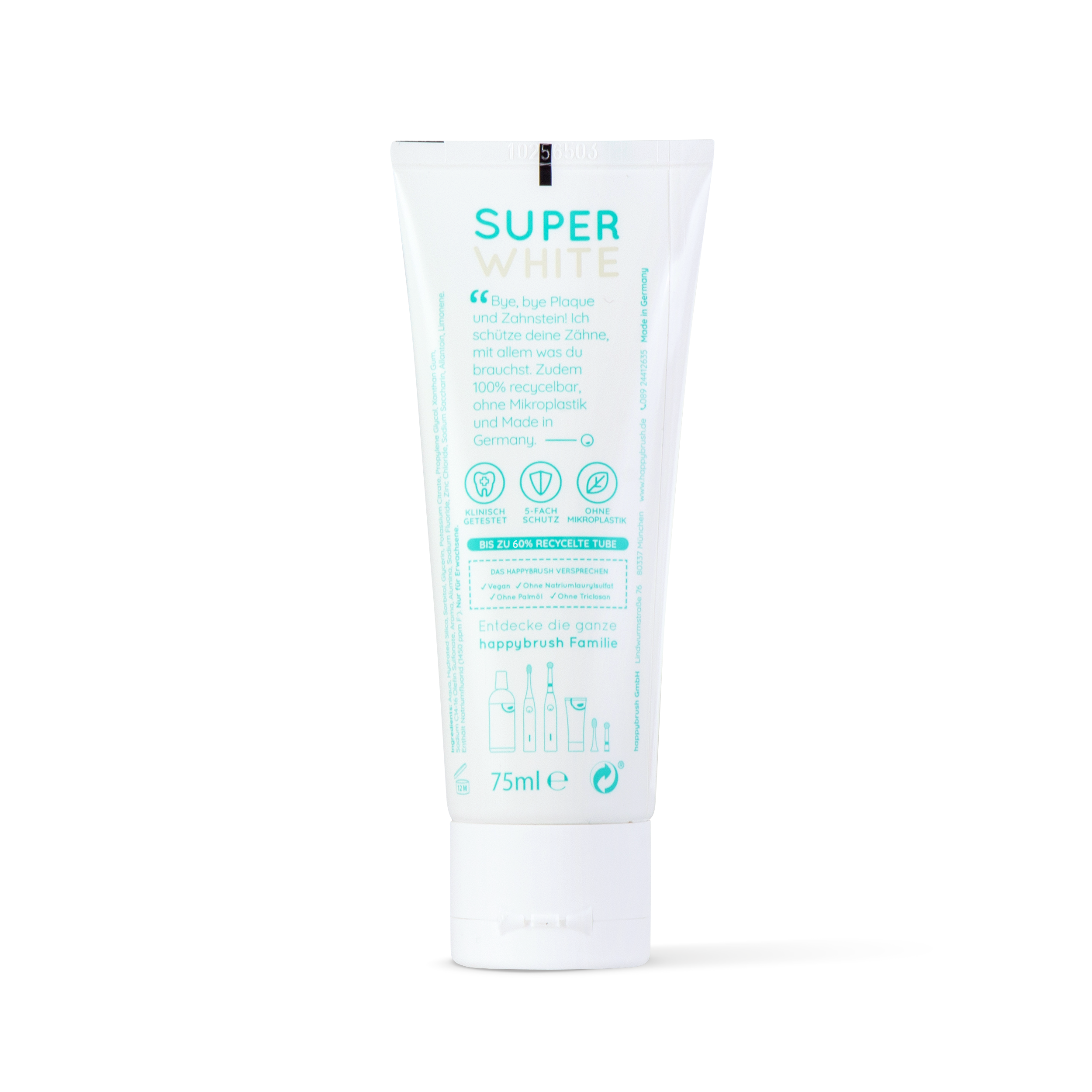 Weiße Zahnpastatube mit der Aufschrift "Super White" und 75 ml Volumen, Herstellerversprechen auf der Vorderseite.