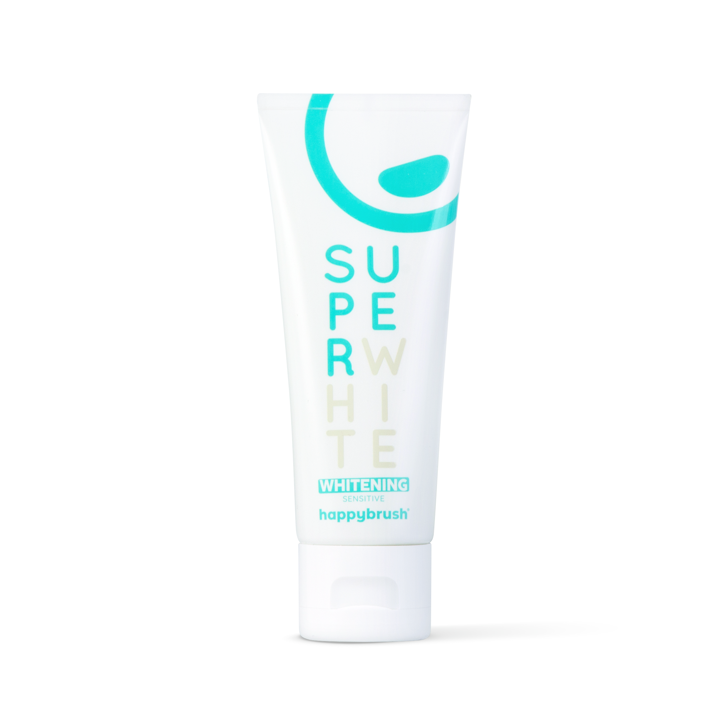 Tube Zahnpasta mit der Aufschrift "Super White Whitening Sensitive" von happybrush, in Weiß und Türkis gestaltet.
