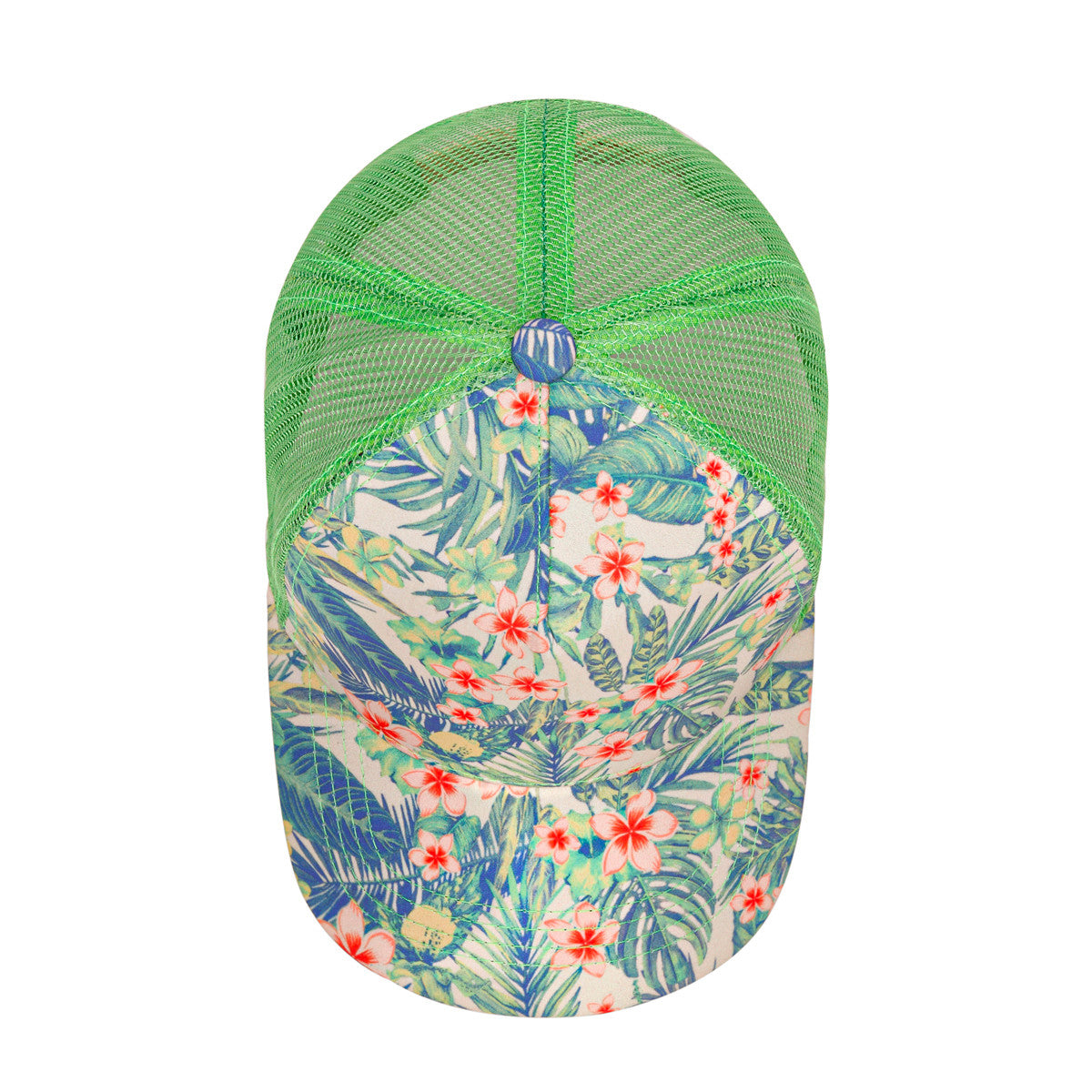 Grüne Baseballkappe mit Mesh-Rücken und tropischem Blumen- und Blattmuster auf der Vorderseite und dem Schirm, mit rosa und roten Blumen und grünem Laub.