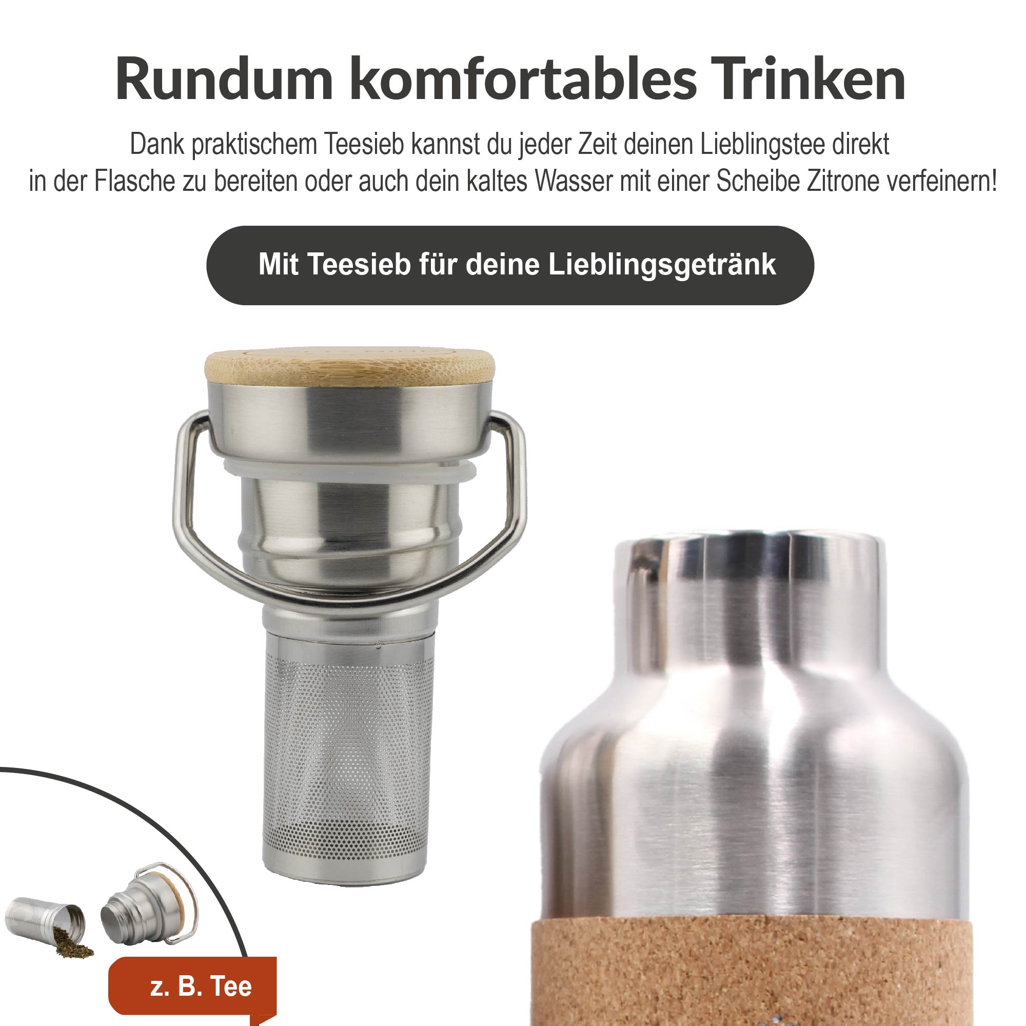 Teesieb und Flasche aus Edelstahl mit Korkelement, begleitet von Text über die Zubereitung von Getränken.