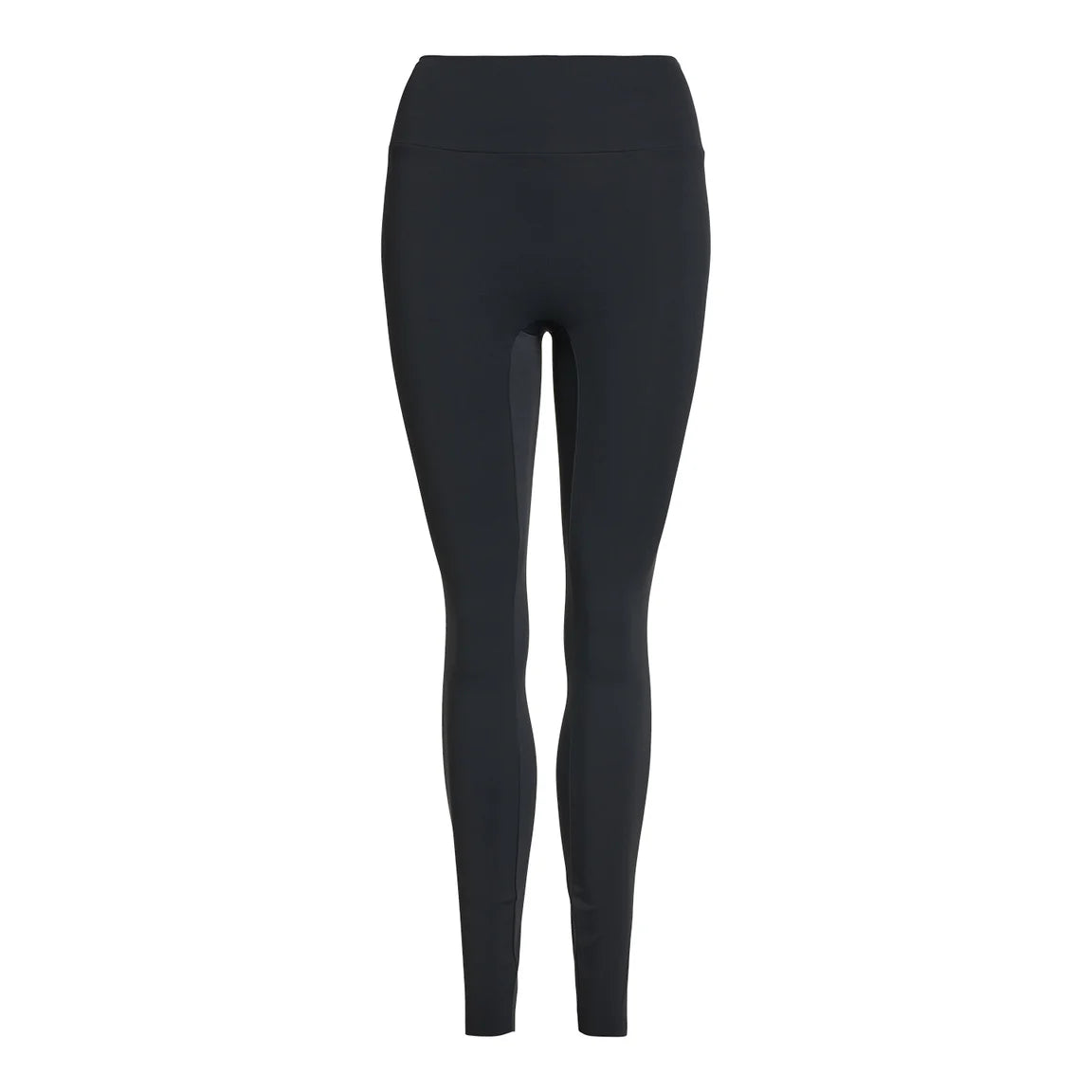 Schwarze, hochtaillierte, bodenlange Leggings auf weißem Hintergrund, nach vorne zeigend, ohne sichtbare Muster oder Logos.