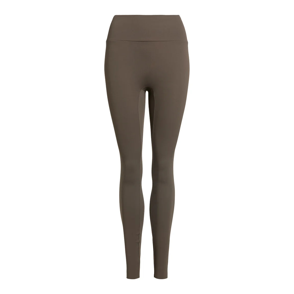 Hochtaillierte, bodenlange Leggings in unifarbenem Taupe auf einfarbig weißem Hintergrund.