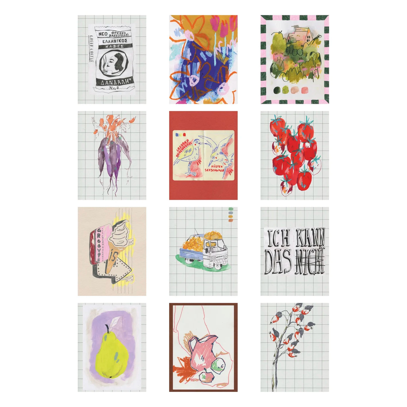 Ein Raster aus zwölf bunten, abstrakten Zeichnungen mit Lebensmitteln, Menschen, Text, Früchten und Pflanzen, jeweils auf einem karierten oder einfarbigen Hintergrund in einem vertikalen 3x4-Layout.