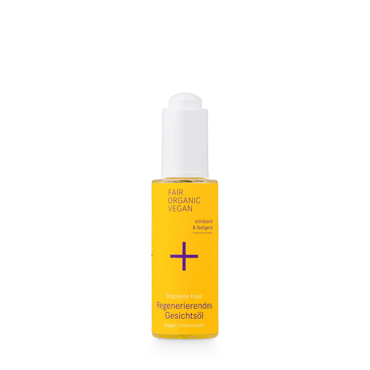 Eine kleine, klare Flasche mit weißem Pumpverschluss enthält gelbes Gesichtsöl. Auf dem Etikett steht Fair Organic Vegan und Regenerierendes Gesichtsöl für trockene Haut, mit Argan und Strohblume. Der Text ist auf Deutsch.