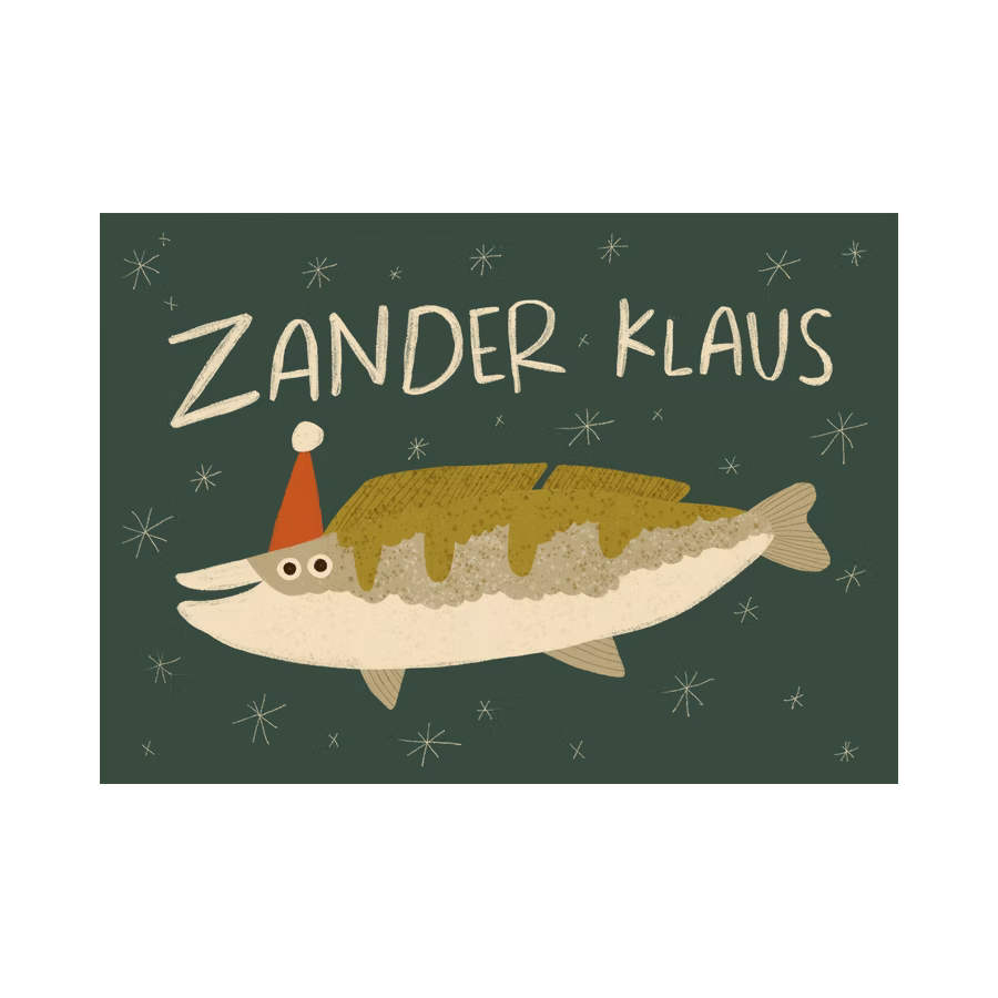 Ein Cartoon-Fisch mit roter Weihnachtsmannmütze ist auf einem dunkelgrünen Hintergrund mit Sternen zentriert. Über dem Fisch steht der handgezeichnete Text "Zander Klaus".
