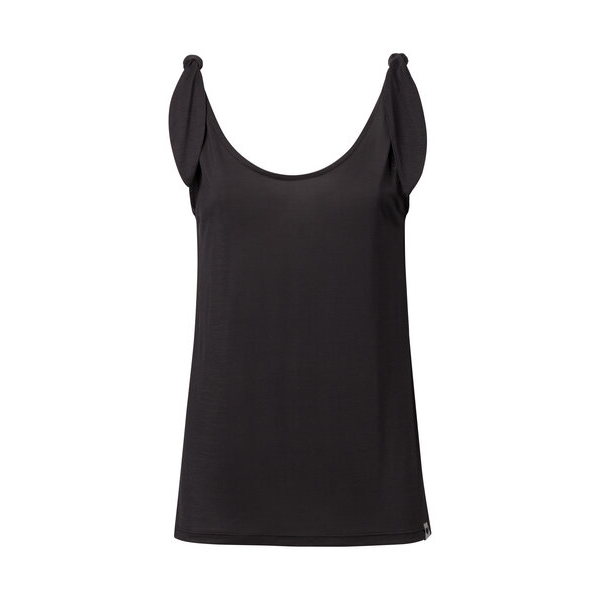 Schwarzes ärmelloses Top mit gewelltem Rundhals-Design auf weißem Hintergrund.