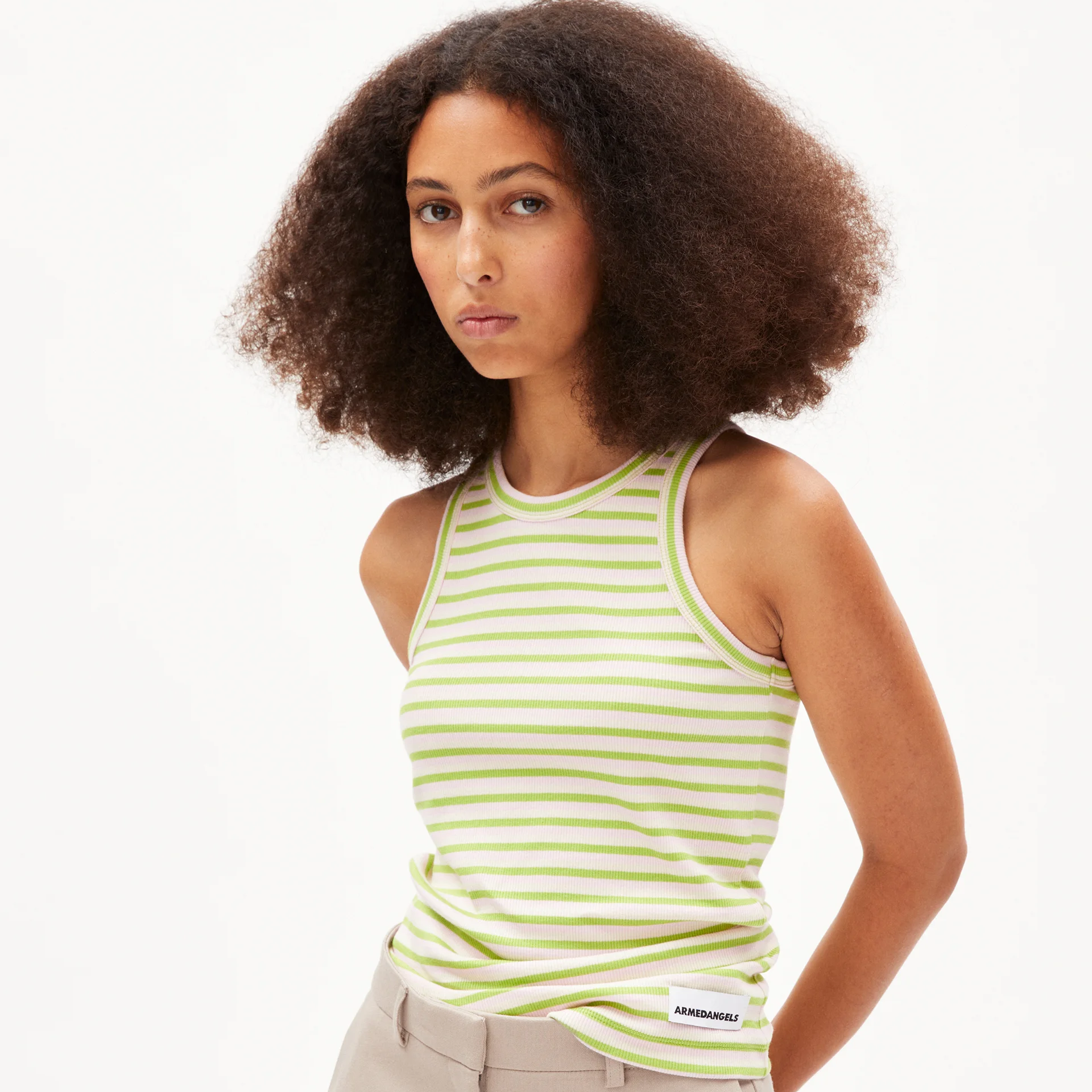 ARMEDANGELS Slim Fit Ripp-Top "KANITAA STRIPES" Super Lime-Pink Light